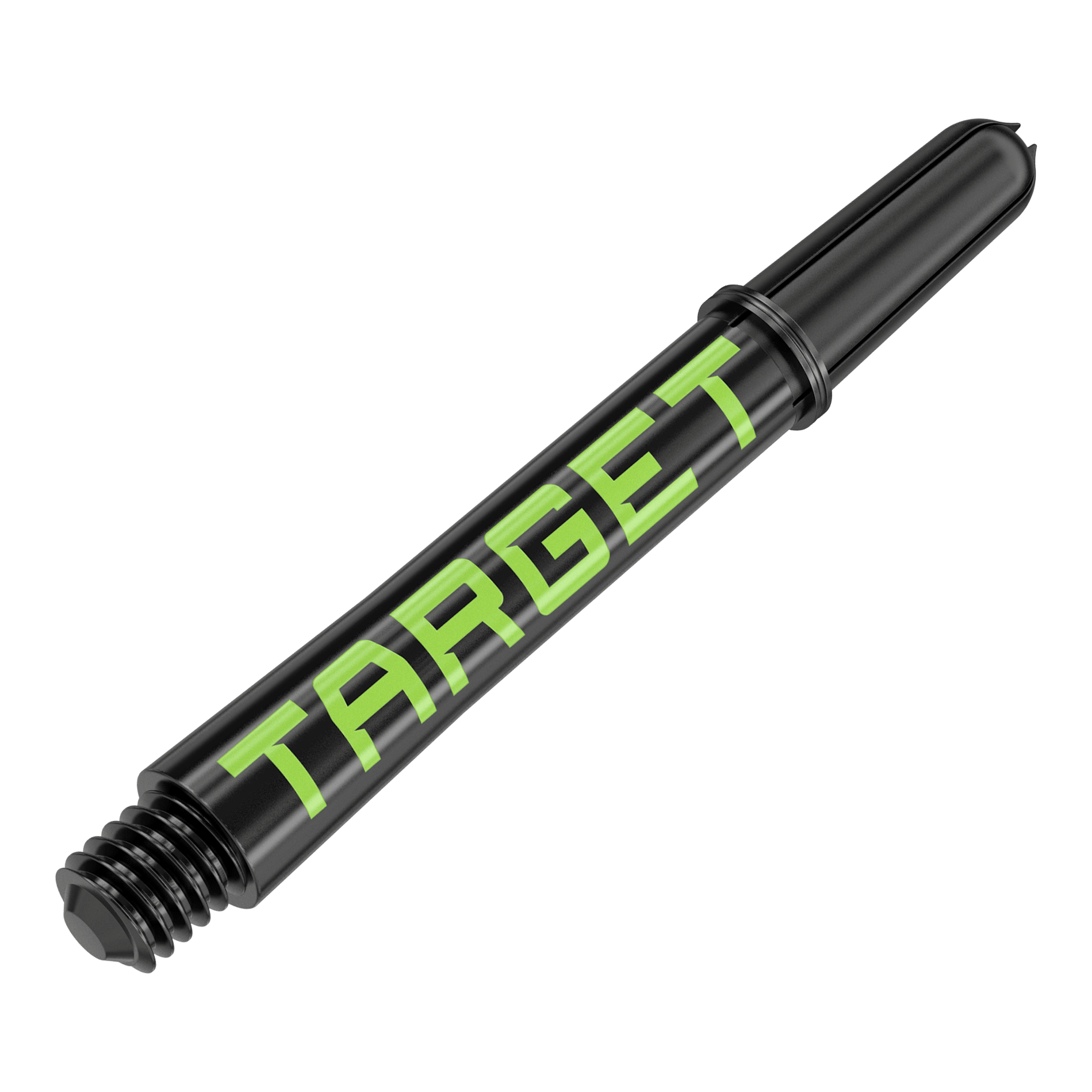 Aste Target Pro Grip TAG - 3 set - Nero Verde Das Bild zeigt einen schwarzen Dart-Schaft mit grünem Schriftzug „TARGET“. Der Schaft hat ein Schraubgewinde an einem Ende.