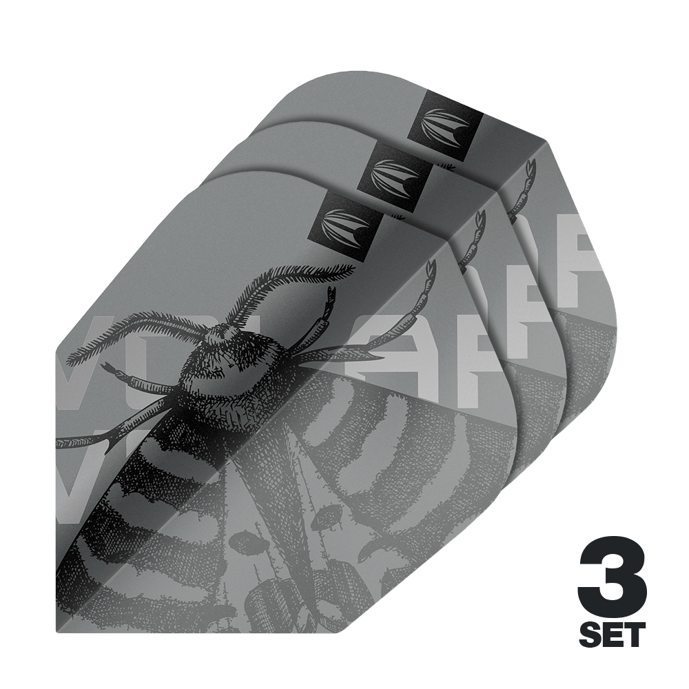 Target Pro Ultra Volar No6 Flights - 3 set Das Bild zeigt drei Sets der Target Pro Ultra Volar No6 Flights. Die Flights sind grau mit einem detaillierten Insektenmotiv gestaltet.