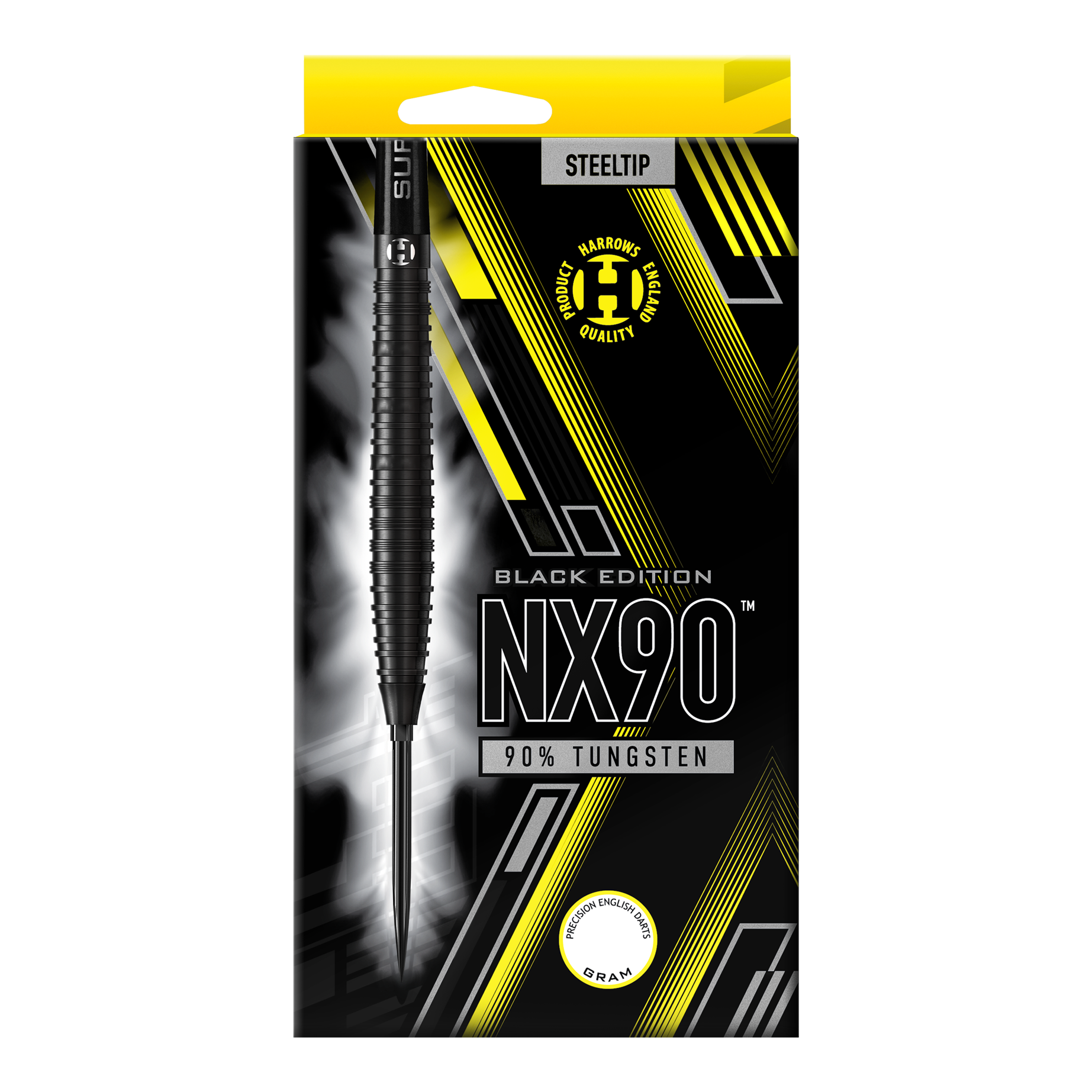 Freccette in acciaio coniche Harrows NX90 Black Edition Quick Point Die Abbildung zeigt die Harrows NX90 Black Edition Tapered Quick Point Steeldarts. Sie haben eine elegante, konische Silhouette und sind komplett schwarz.