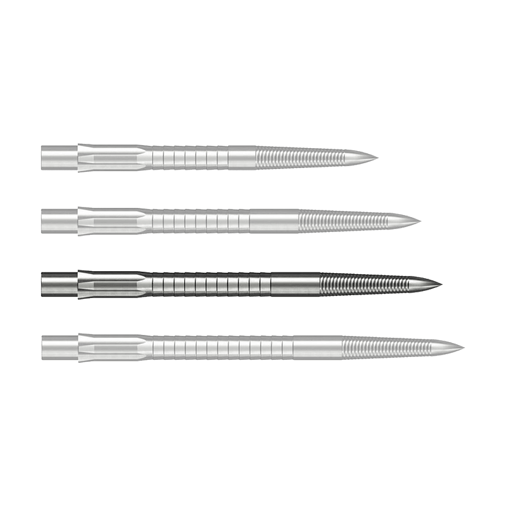 Punte per freccette in acciaio Caliburn System - Impugnatura micro - Argento Das Bild zeigt Steeldartspitzen mit Micro Grip im Silber-Design, 36mm lang. Das Produkt ist auf weißem Hintergrund zu sehen.