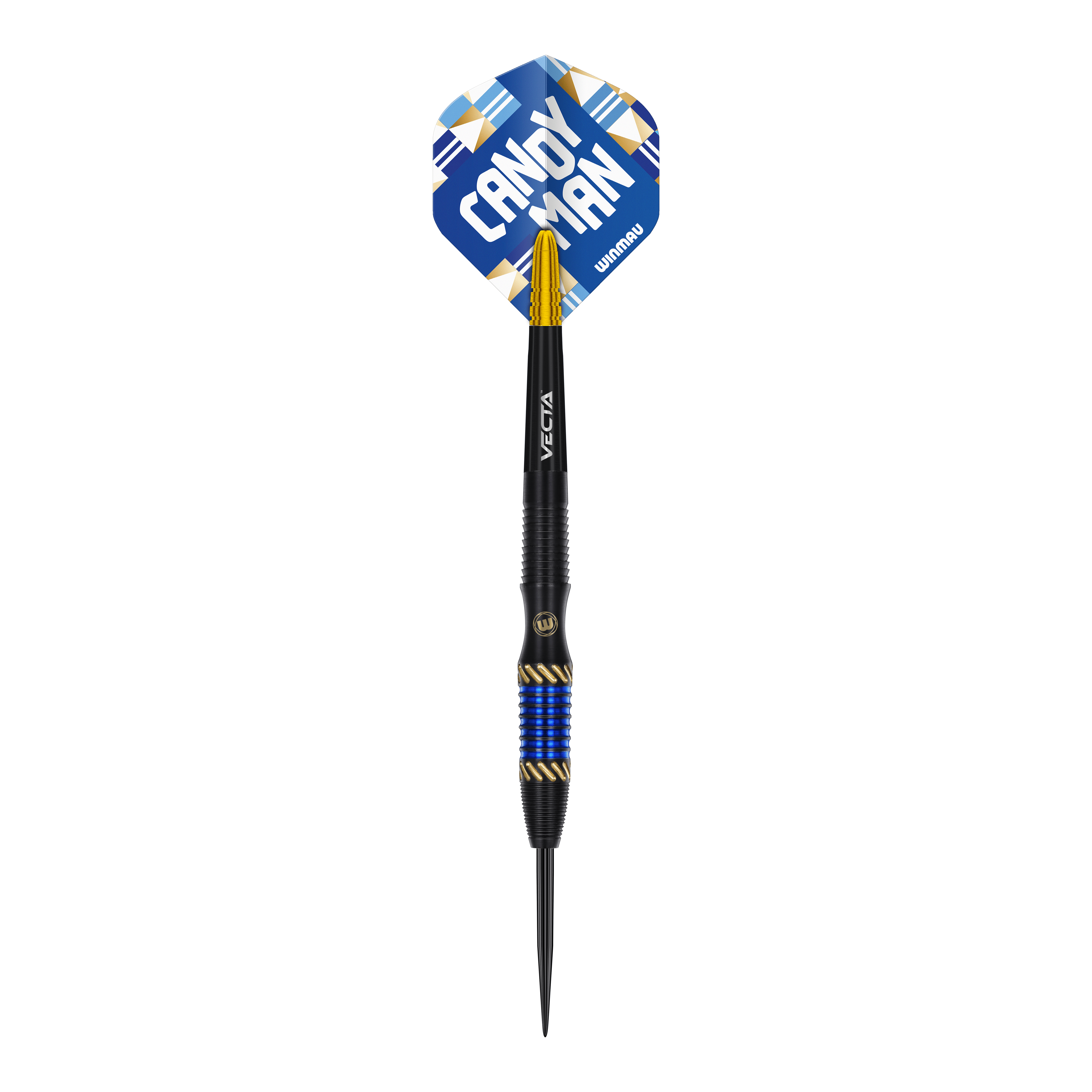 Freccette in acciaio Winmau Rashad Sweeting - 24 g Das Bild zeigt einen Winmau Rashad Sweeting Steeldart mit 24g Gewicht. Der Dart hat blaue und goldene Akzente sowie eine Flight mit der Aufschrift "CANDY MAN".