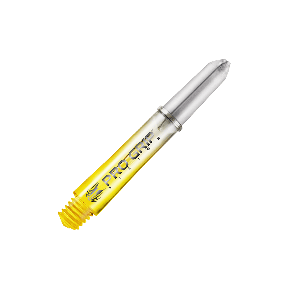 Aste Target Pro Grip Vision - 3 set - Giallo Das Bild zeigt einen gelben Dart-Schaft mit der Aufschrift "Pro Grip Vision". Der Schaft ist durchsichtig und hat ein modernes Design.