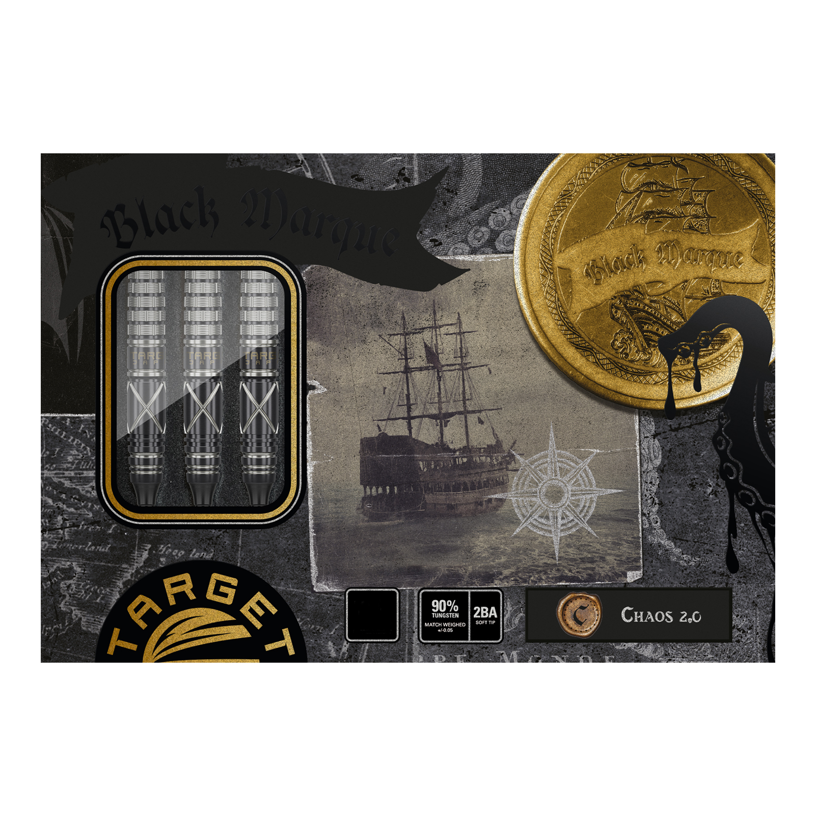 Das Bild zeigt die Verpackung der "Target Japan Black Marque Chaos 2 Softdarts - 19g". Auf der Verpackung sind drei Darts, ein altes Segelschiff und ein goldener Münzaufdruck zu sehen.