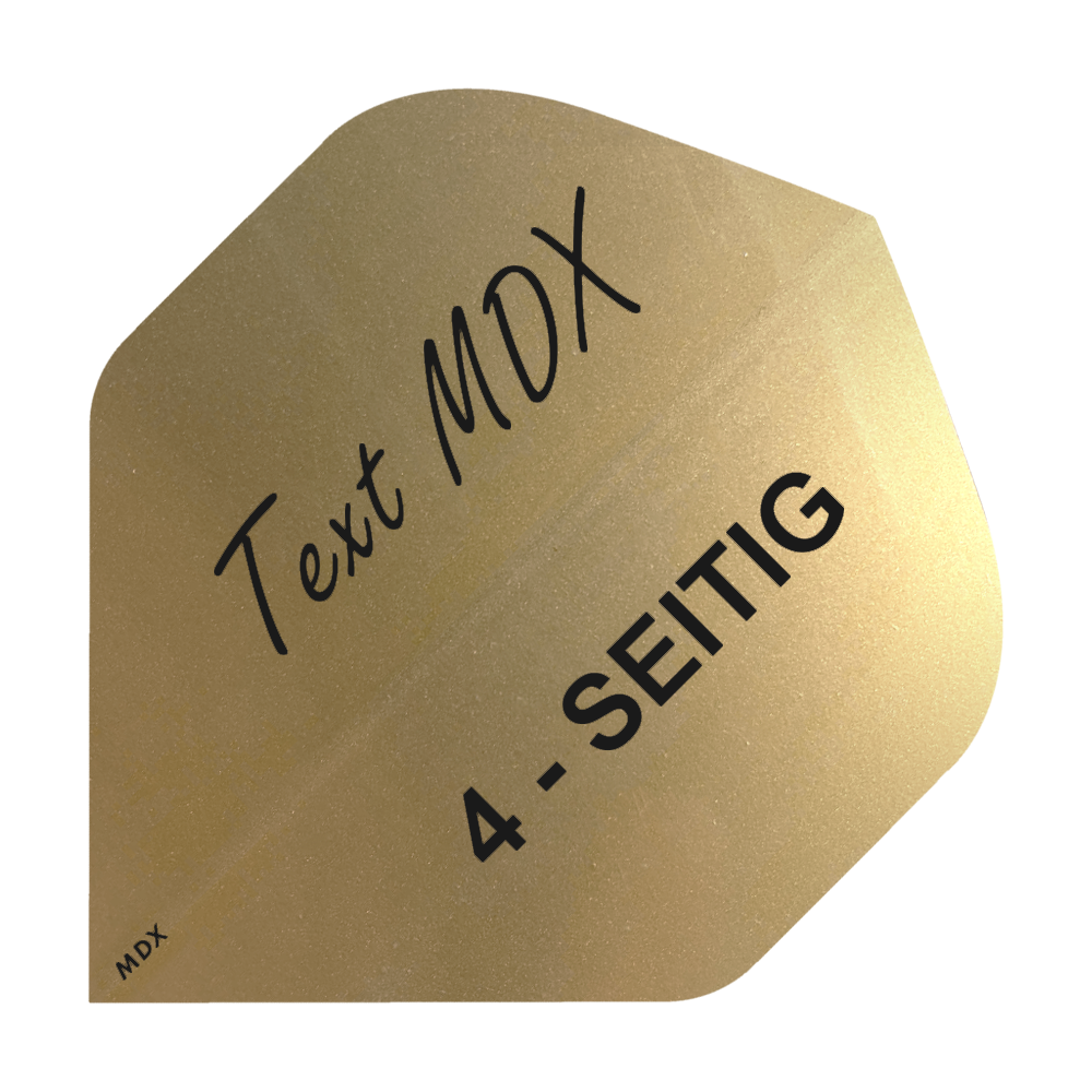 10 set di voli metallici stampati su 4 lati - testo personalizzato - MDX Standard Das Bild zeigt ein goldenes Dart-Flight mit schwarzer Aufschrift. Auf dem Flight steht "Text MDX" und "4-SEITIG".