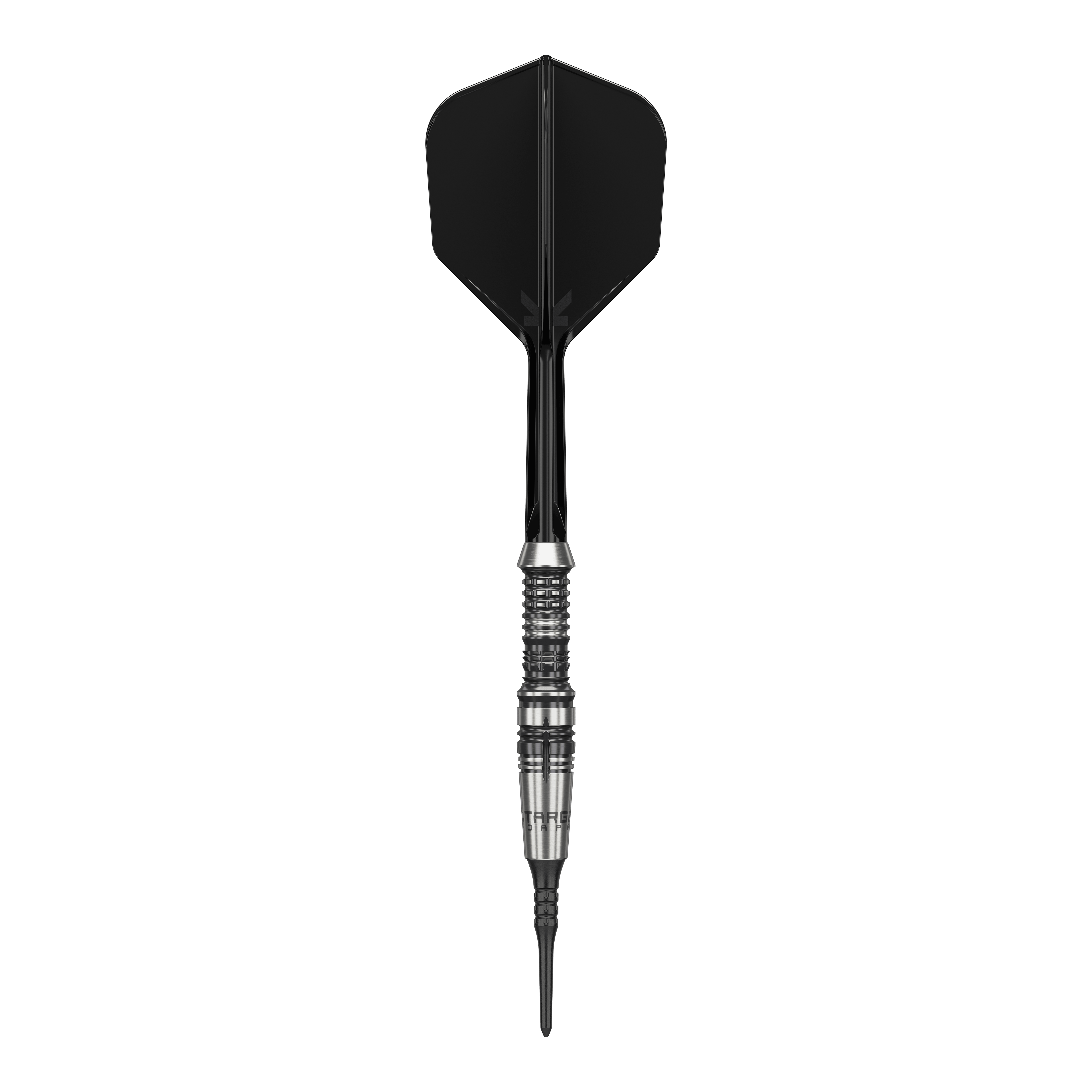 Target Japan Black Marque Heracles Soft Darts - 18 g Das Bild zeigt einen Softdart der Marke 'Target Japan Black Marque Heracles' mit einem Gewicht von 18g. Der Dart hat ein elegantes Design mit schwarz-silbernem Barrel und schwarzer Spitze sowie Flight.