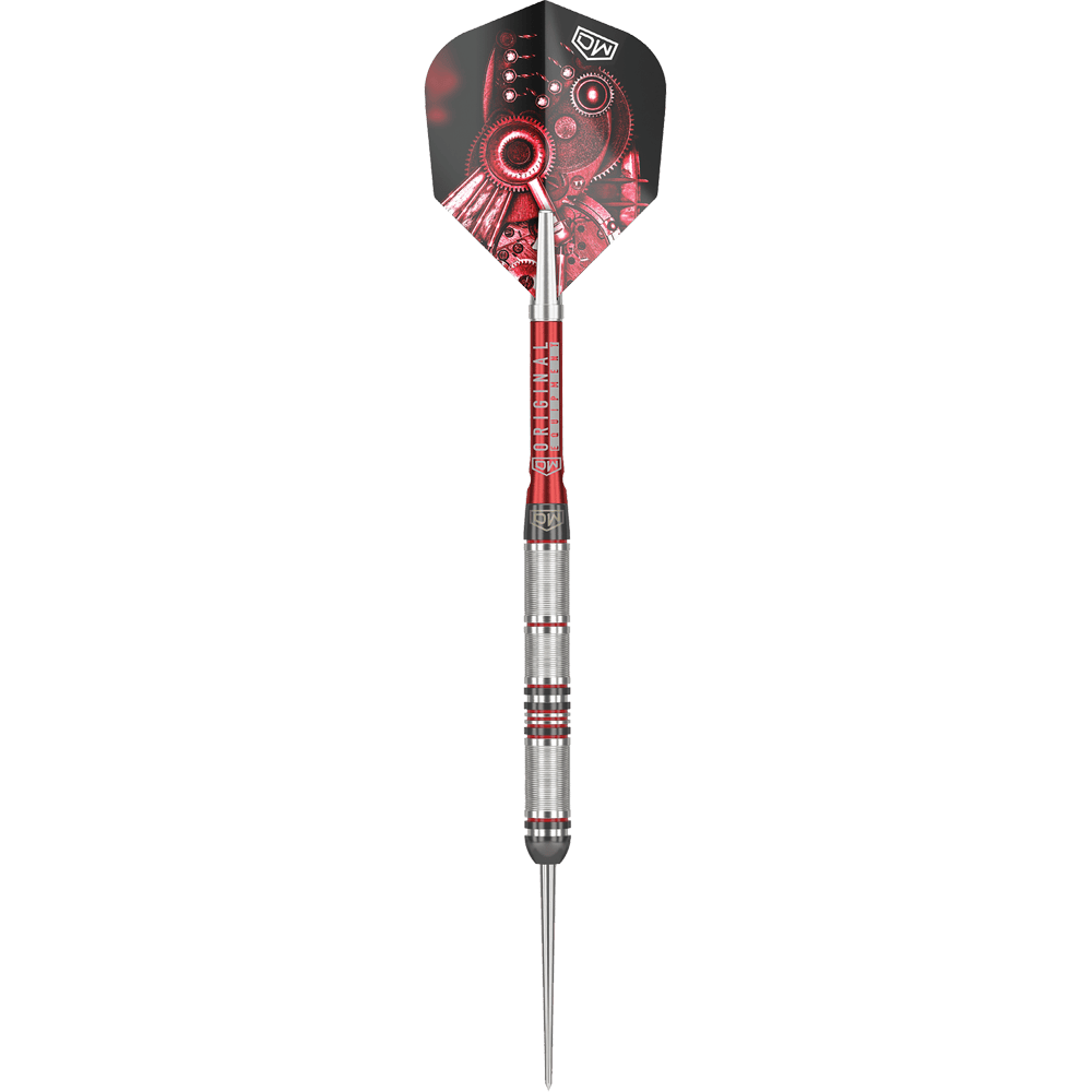 Freccette in acciaio DW Piranha Razor 01 Das Bild zeigt den Steeldart "DW Piranha Razor 01". Der Dart hat ein silbernes Griffstück mit roten Akzenten und eine Flight mit mechanischem Design.