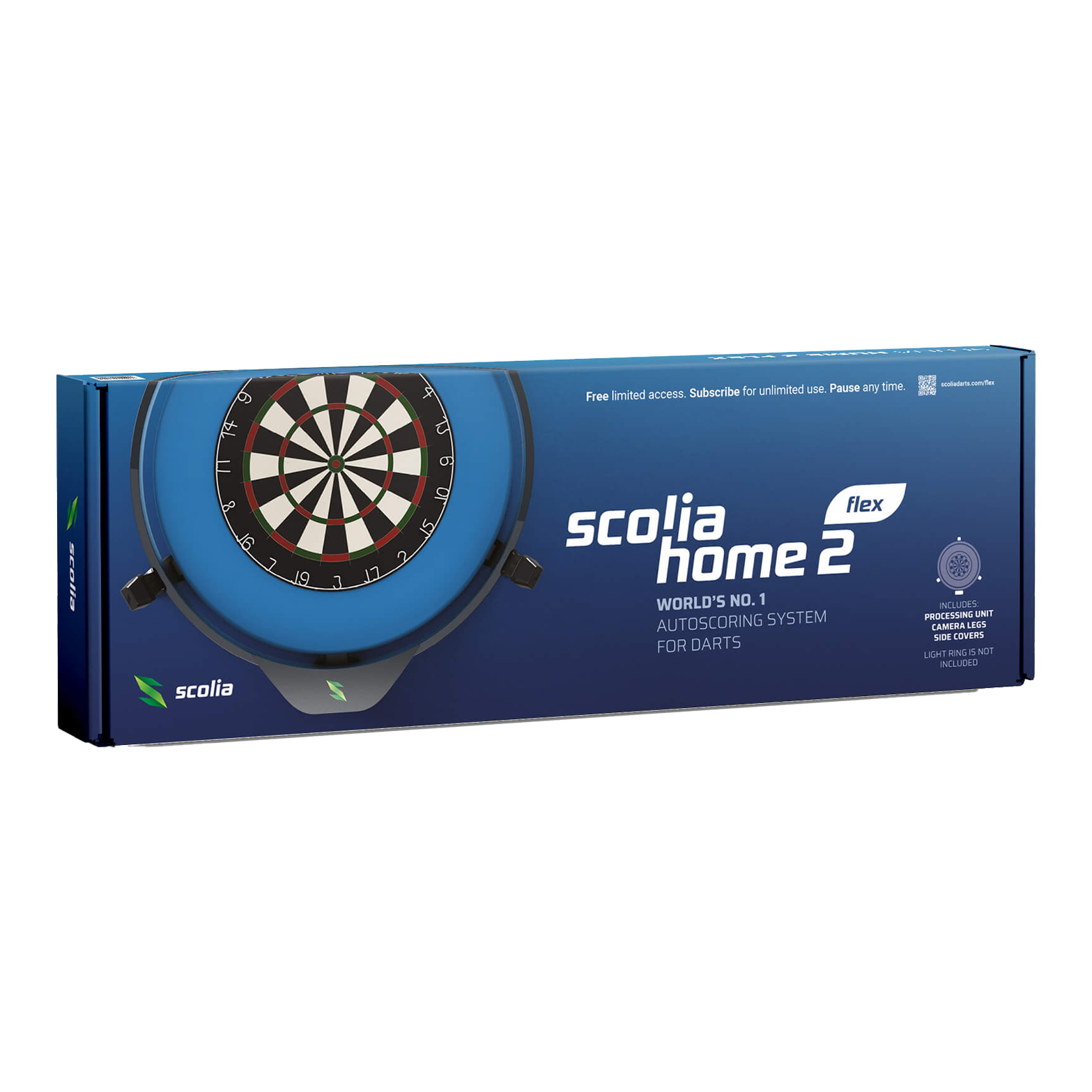 Scolia Home 2 FLEX - Sistema di punteggio automatico elettronico 2026 Das Bild zeigt die Verpackung des Produkts "Scolia Home 2 FLEX – Elektronisches Punktesystem". Es ist ein automatisches Auswertungssystem für Darts.
