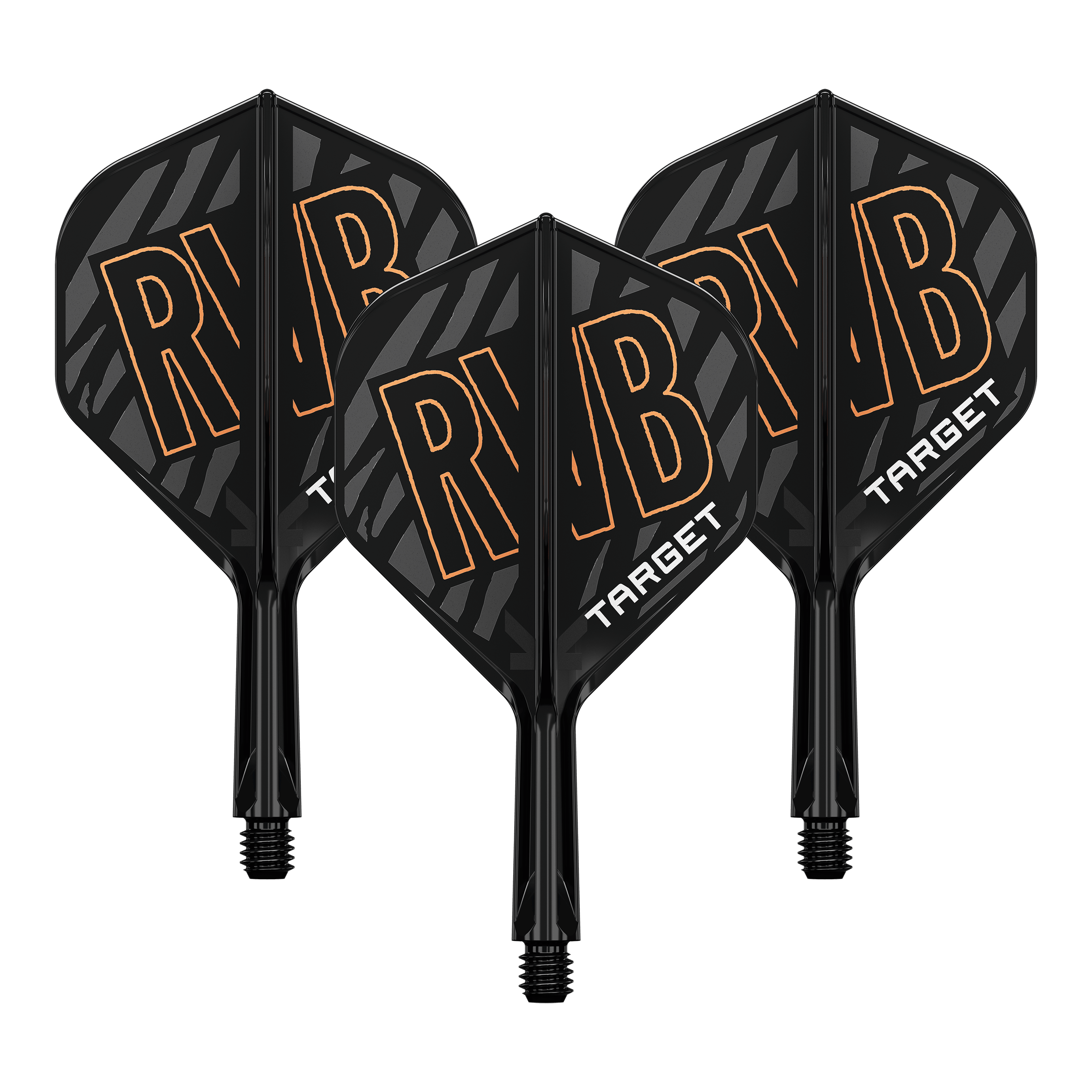 Target K-Flex Raymond Van Barneveld No2 Sistema di albero di volo standard Auf dem Bild sind drei schwarze Dart Flights mit dem orangefarbenen Schriftzug "RVB" zu sehen. Unten auf den Flights steht in weißer Schrift das Wort "TARGET".