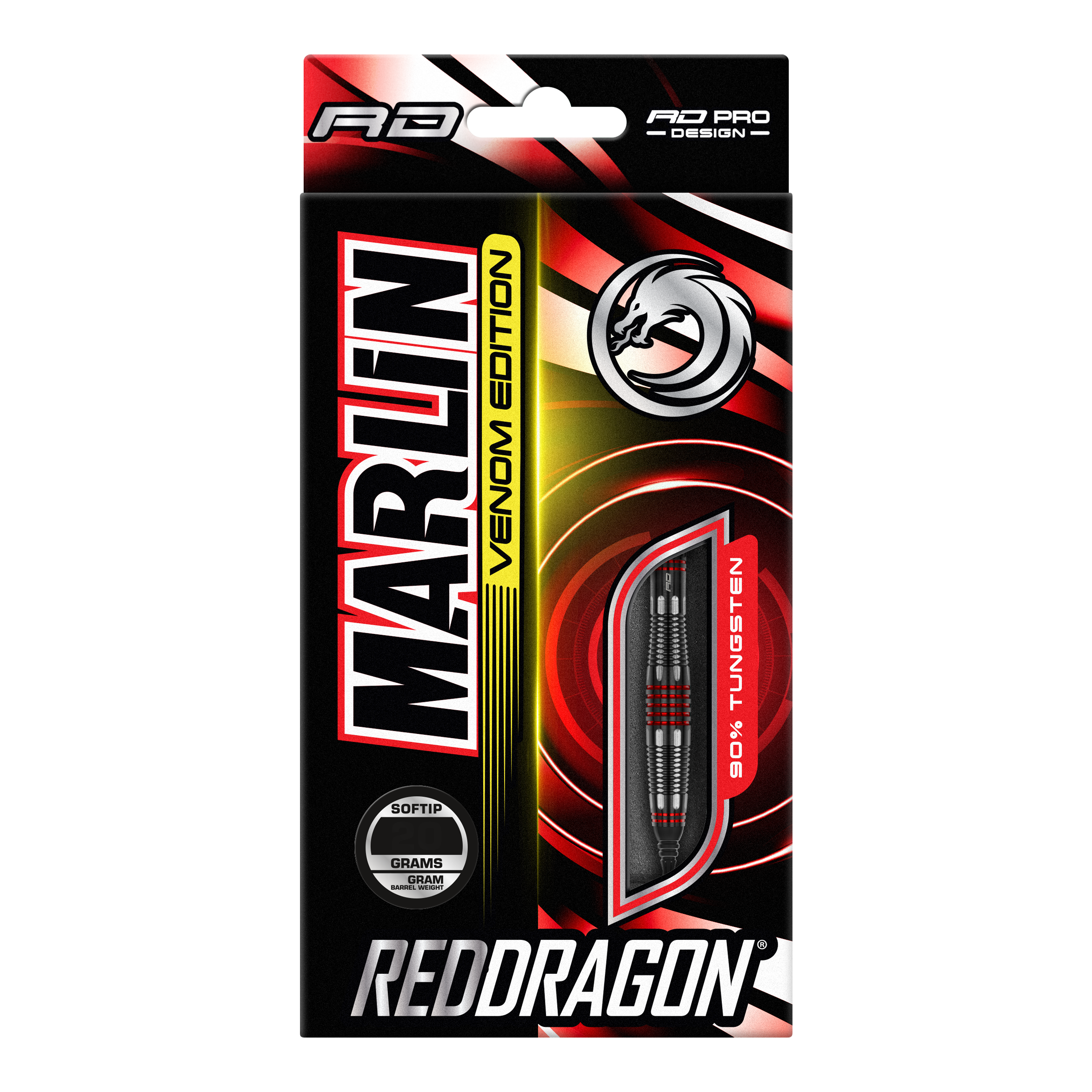 Freccette morbide Red Dragon Marlin Venom - 22 g Die Abbildung zeigt die Verpackung der "Red Dragon Marlin Venom Softdarts - 22g". Die Verpackung ist schwarz-rot gestaltet und hebt die Darts mit 90% Tungsten-Anteil hervor.