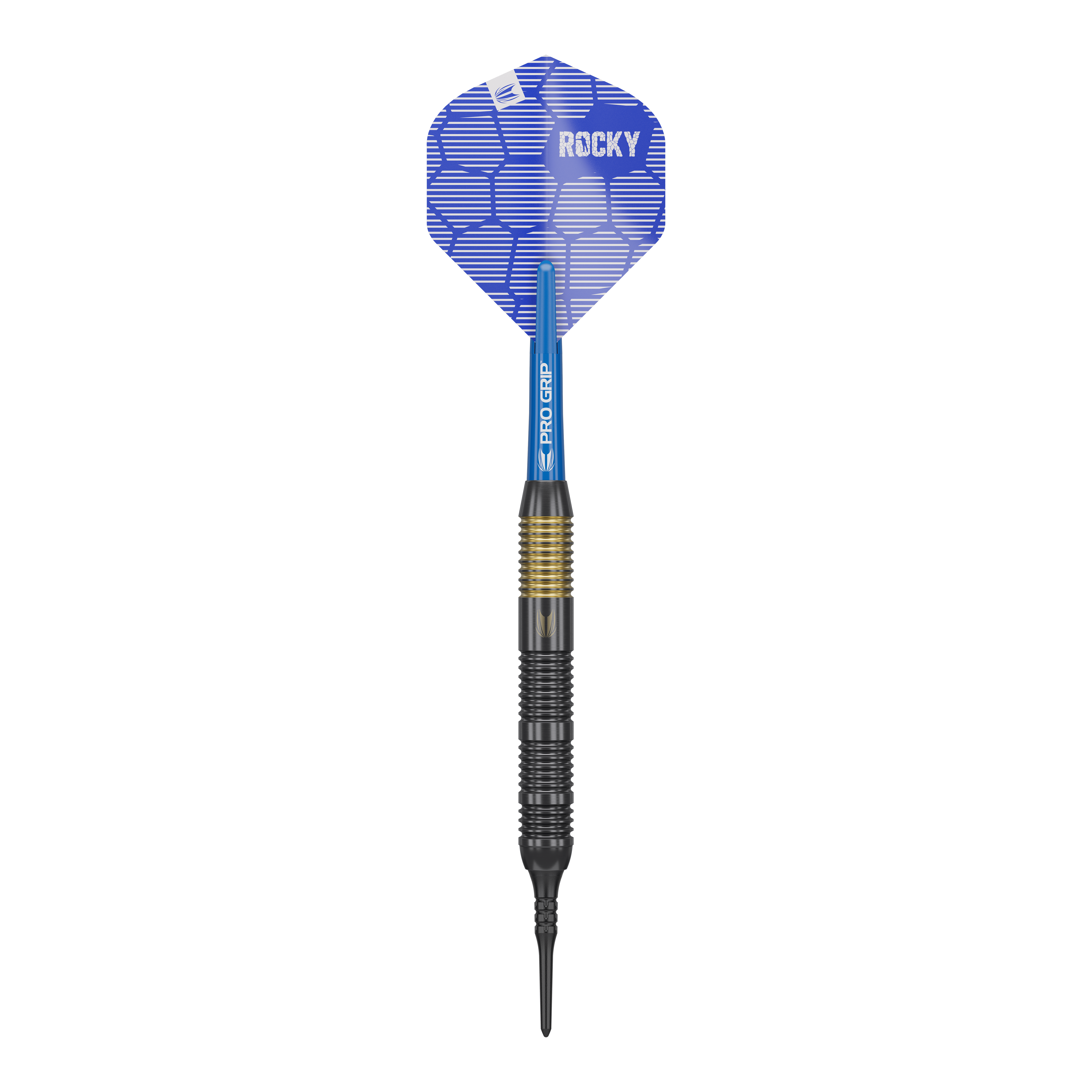Freccette morbide Target Josh Rock Brass - 18 g Das Bild zeigt einen Target Josh Rock Brass Softdart mit einem Gewicht von 18g. Der Dart hat eine blaue Flight mit der Aufschrift "ROCKY" und einen messingfarbenen Griffbereich.