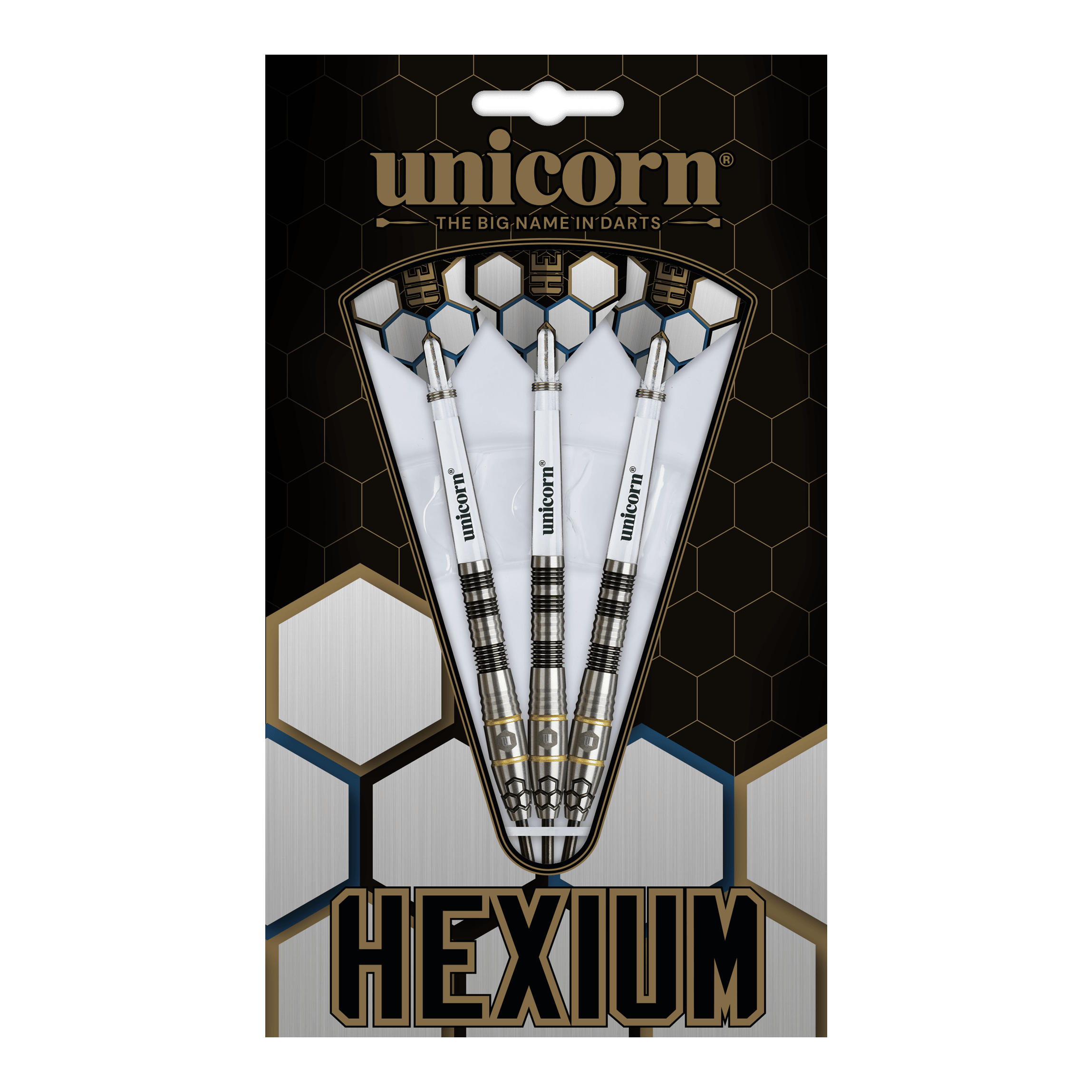 Freccette in acciaio Unicorn Hexium Style 01 nere e oro Unicorn Hexium Style 01 Black & Gold Steeldarts sind auf diesem Bild abgebildet. Die Abbildung zeigt die schwarzen und goldenen Steeldarts in Nahaufnahme.