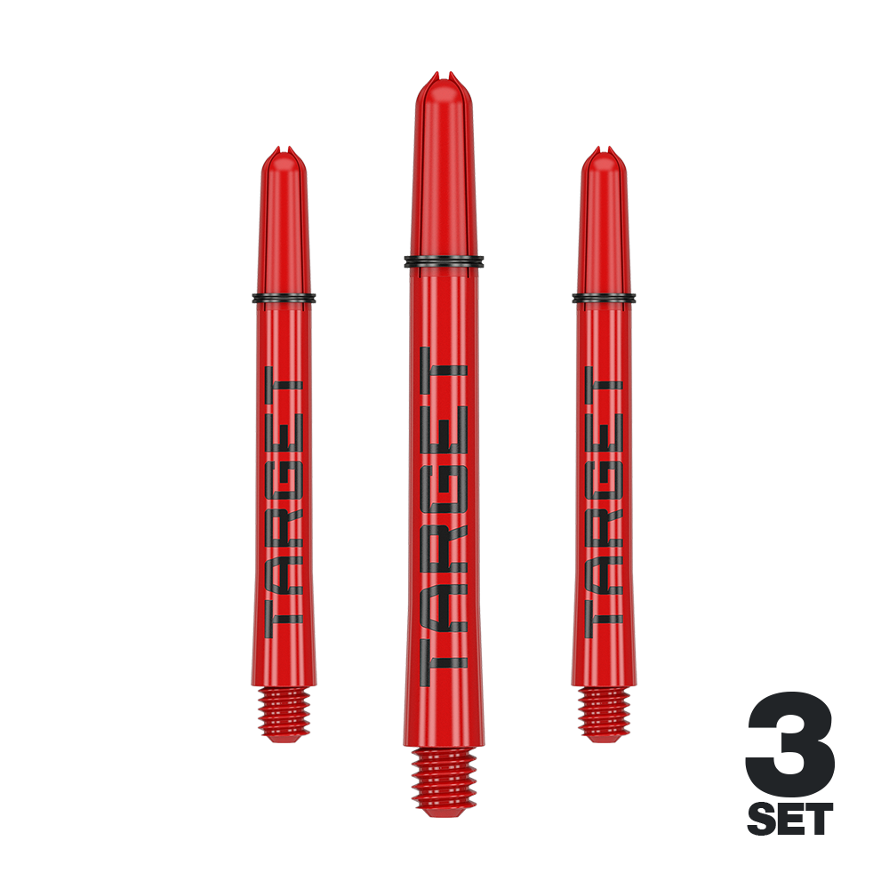 Aste Target Pro Grip TAG - 3 set - Rosso Das Bild zeigt drei rote Dartschäfte mit der Aufschrift "TARGET". Unten rechts steht "3 SET", was auf ein Set mit drei Stück hinweist.