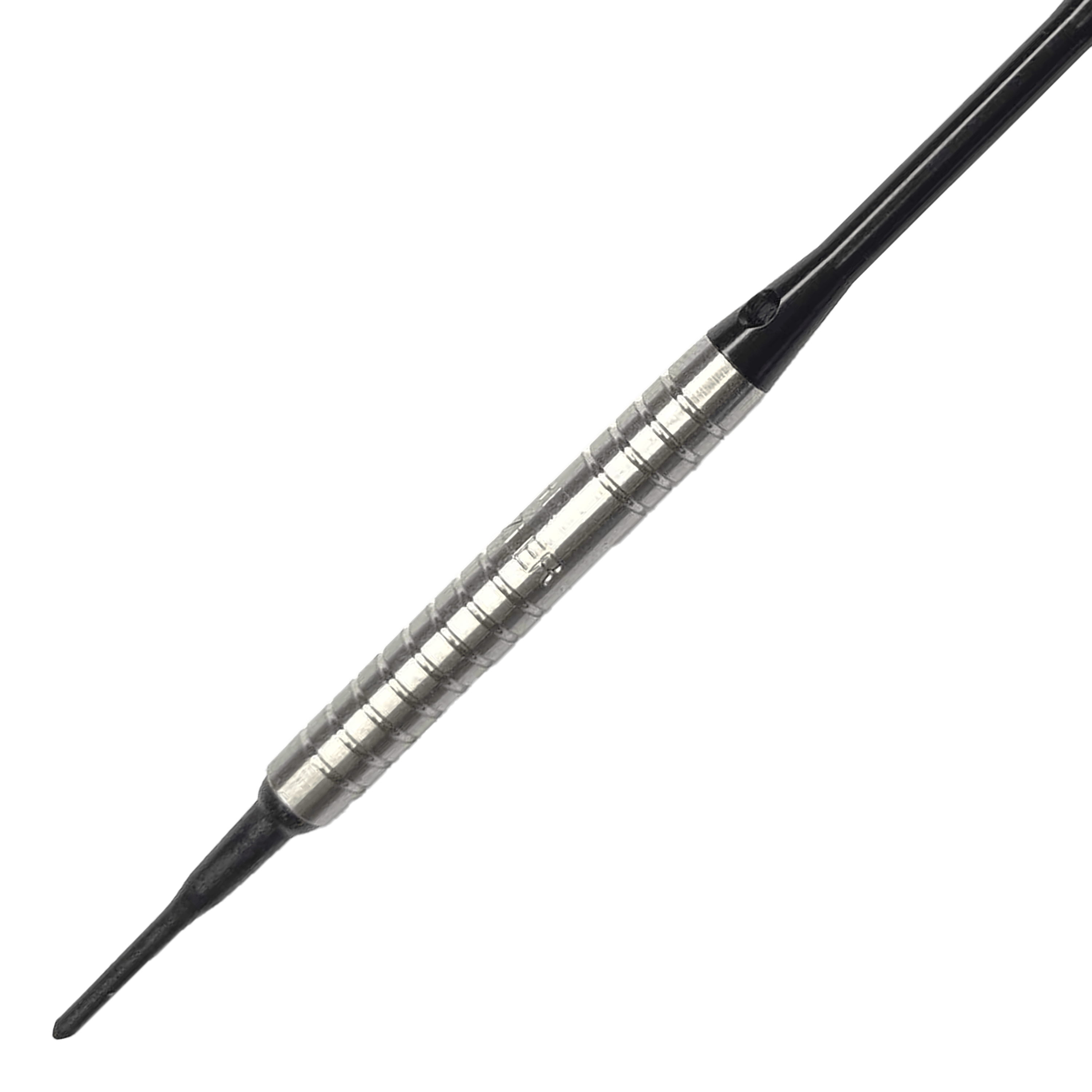 Freccette morbide McDart 85 Tungsten V16 - 16,5 g Das Bild zeigt einen McDart 85er Tungsten V16 Softdart mit einem Gewicht von 16,5 Gramm. Der Dartpfeil hat einen silbernen, geriffelten Schaft und eine schwarze Spitze.