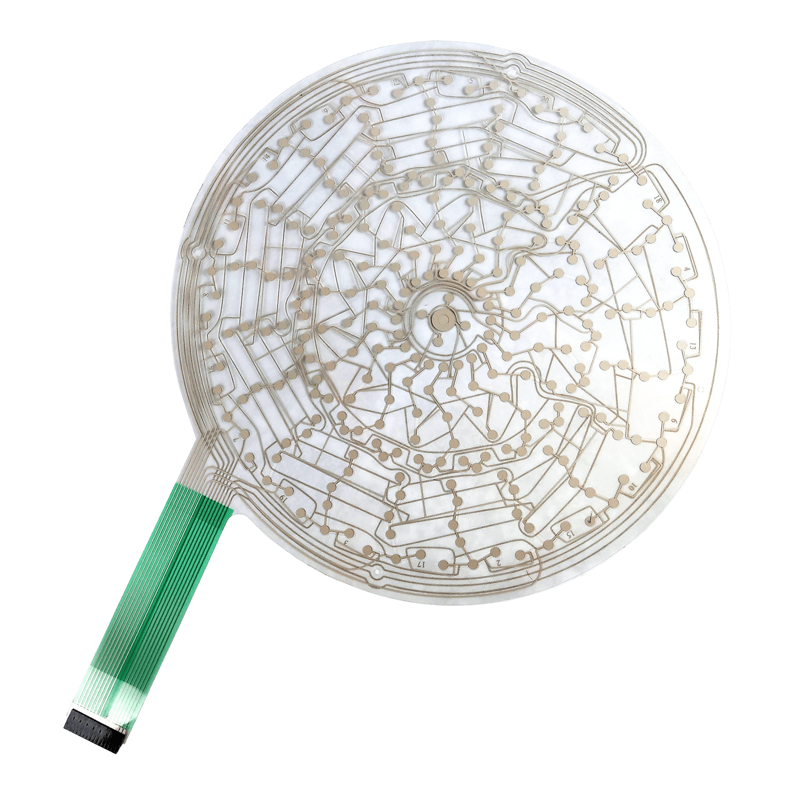 Pezzo di ricambio Karella E-Master Auf dem Bild ist eine runde, transparente Leiterplatte mit feinen Leiterbahnen zu sehen. An der linken Seite befindet sich ein grünes Flachbandkabel zum Anschluss.