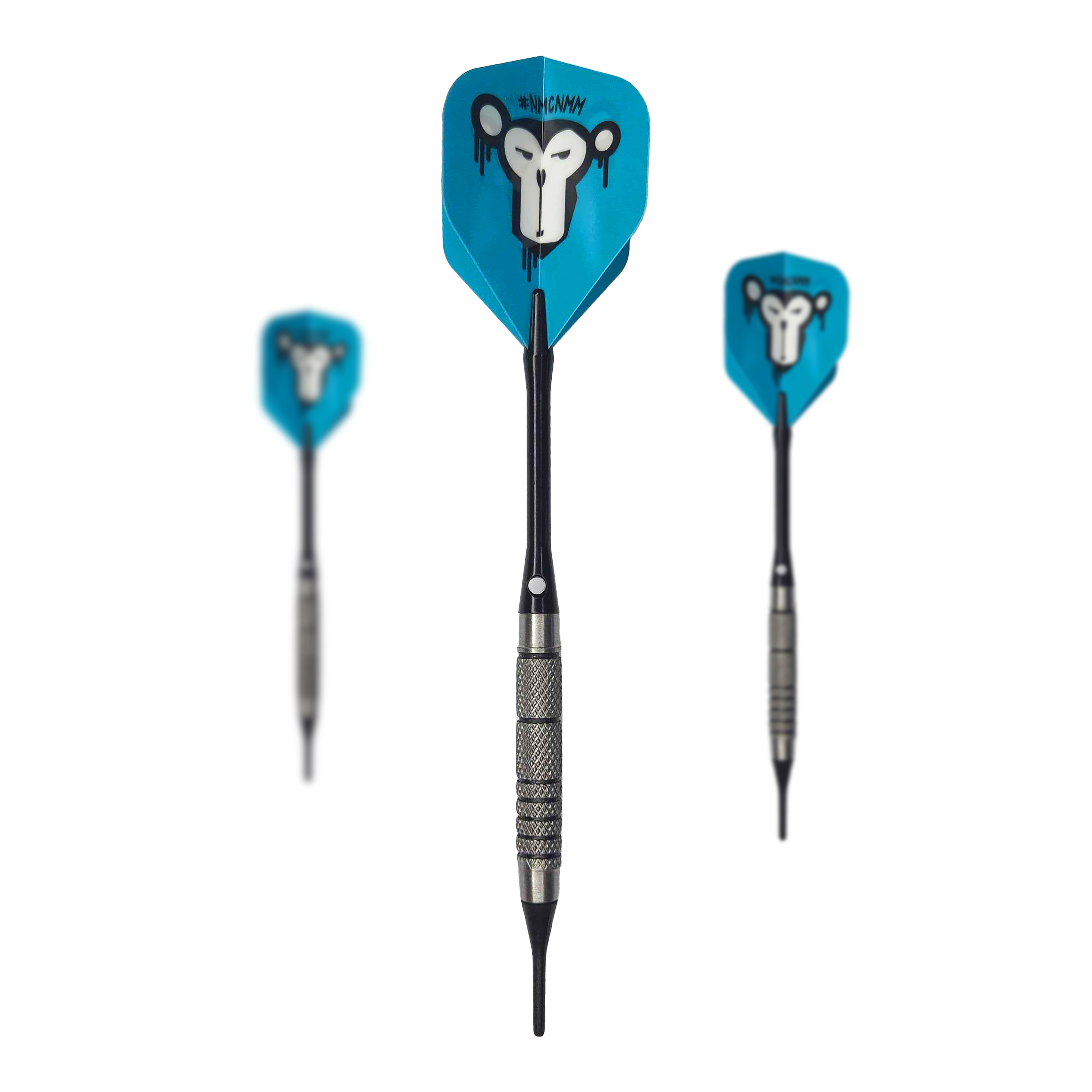 Freccette morbide McDart 85 Tungsten V10 - 17,5 g Das Bild zeigt drei Softdarts des Modells "McDart 85er Tungsten V10" mit einem Gewicht von 17,5g. Die Flights der Darts sind blau und mit einem Affenkopf-Motiv bedruckt.