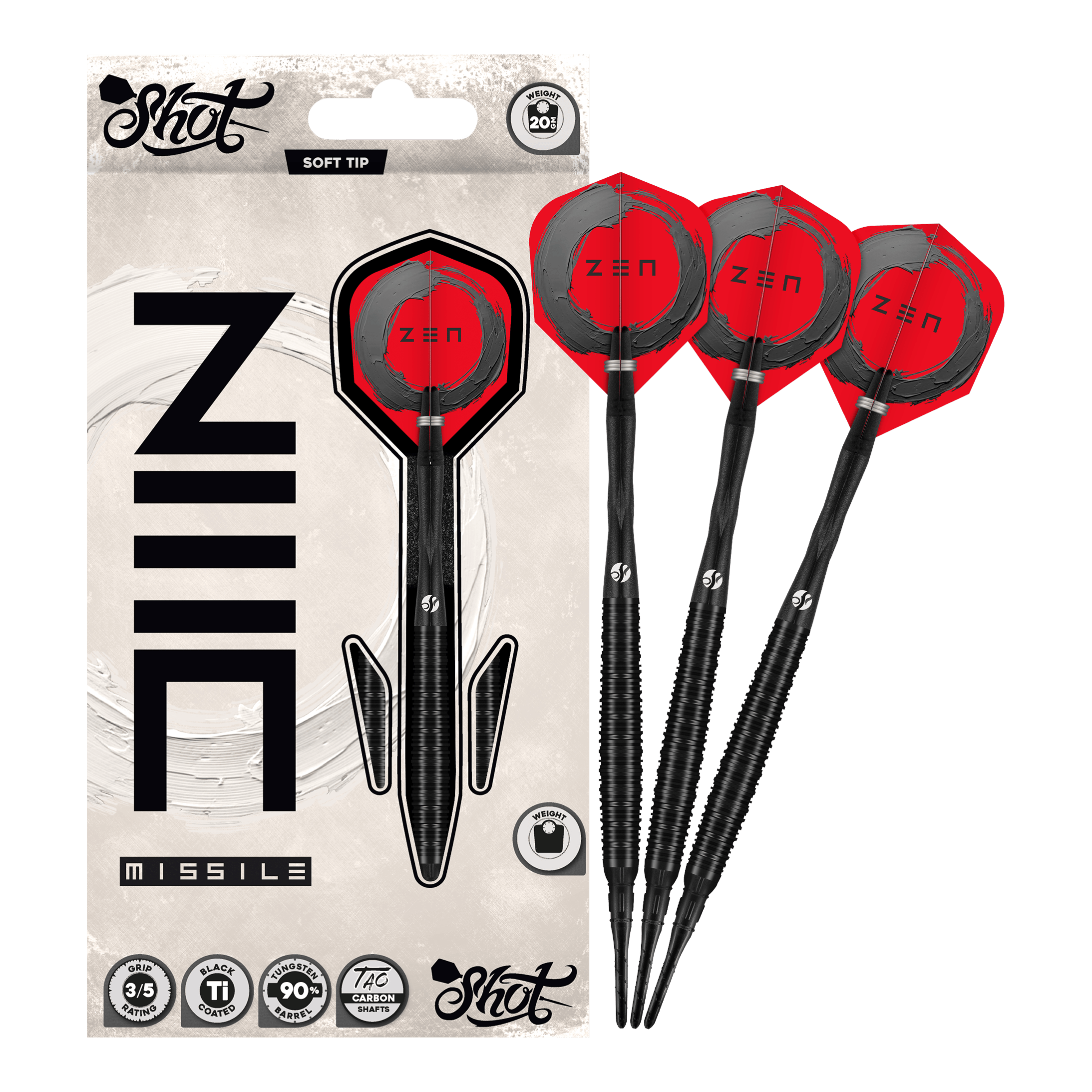 Freccette morbide Shot ZEN Missile - 20 g Auf dem Bild ist der vollständige Satz der Shot ZEN Missile Softdarts - 20g zu sehen. Diese Pfeile sind für anspruchsvolle Dartspieler konzipiert.