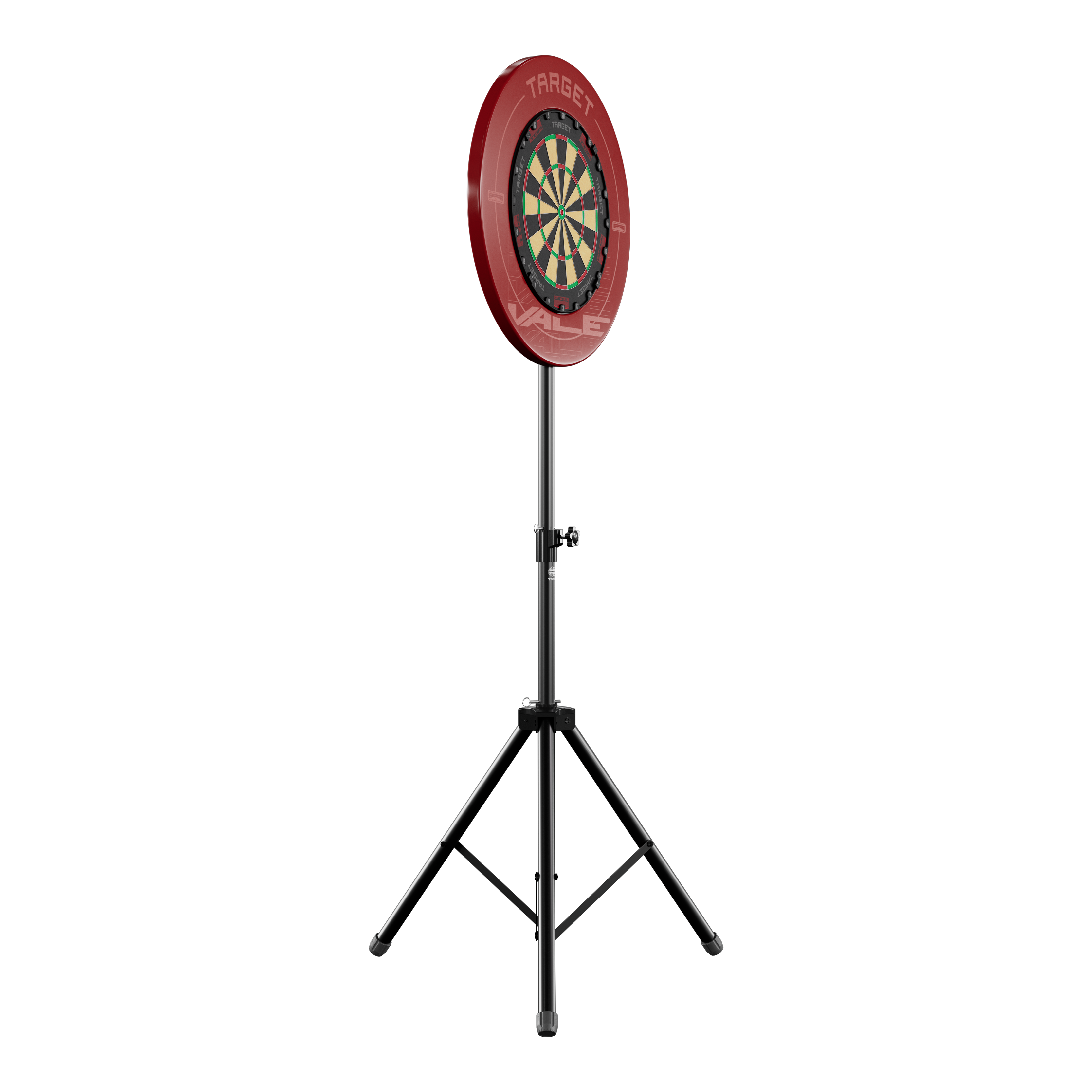 Das Bild zeigt einen Dartboard-Ständer mit einer runden Dartscheibe und rotem Auffangring. Der Ständer hat drei stabile Beine und ist höhenverstellbar.