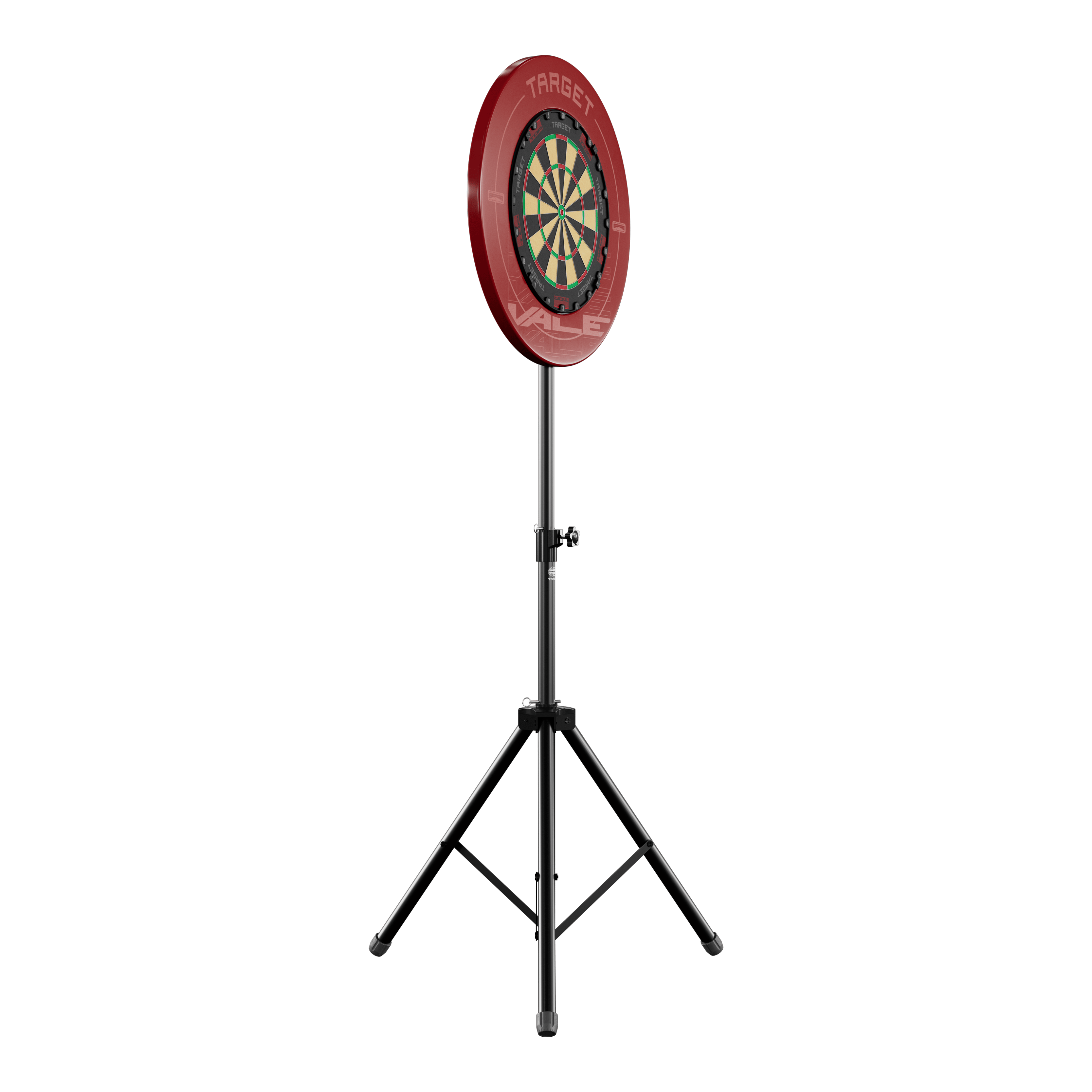 Supporto per bersaglio per freccette Das Bild zeigt einen Dartboard-Ständer mit einer runden Dartscheibe und rotem Auffangring. Der Ständer hat drei stabile Beine und ist höhenverstellbar.