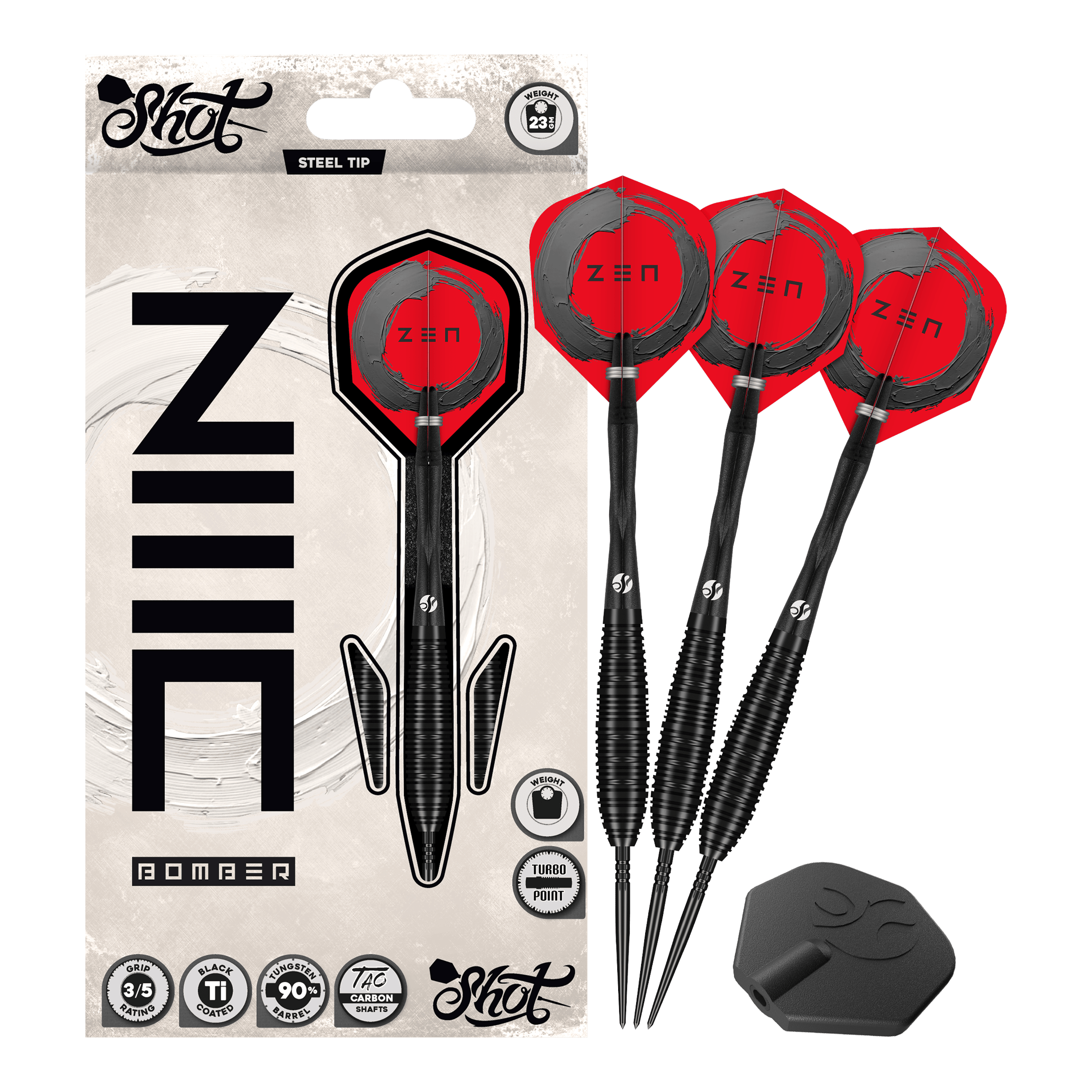 Freccette in acciaio Shot ZEN Bomber Turbo Point Auf dem Foto ist das Set Shot ZEN Bomber Turbo Point Steeldarts vollständig abgebildet. Dieses Set enthält alle notwendigen Darts für das Spiel.