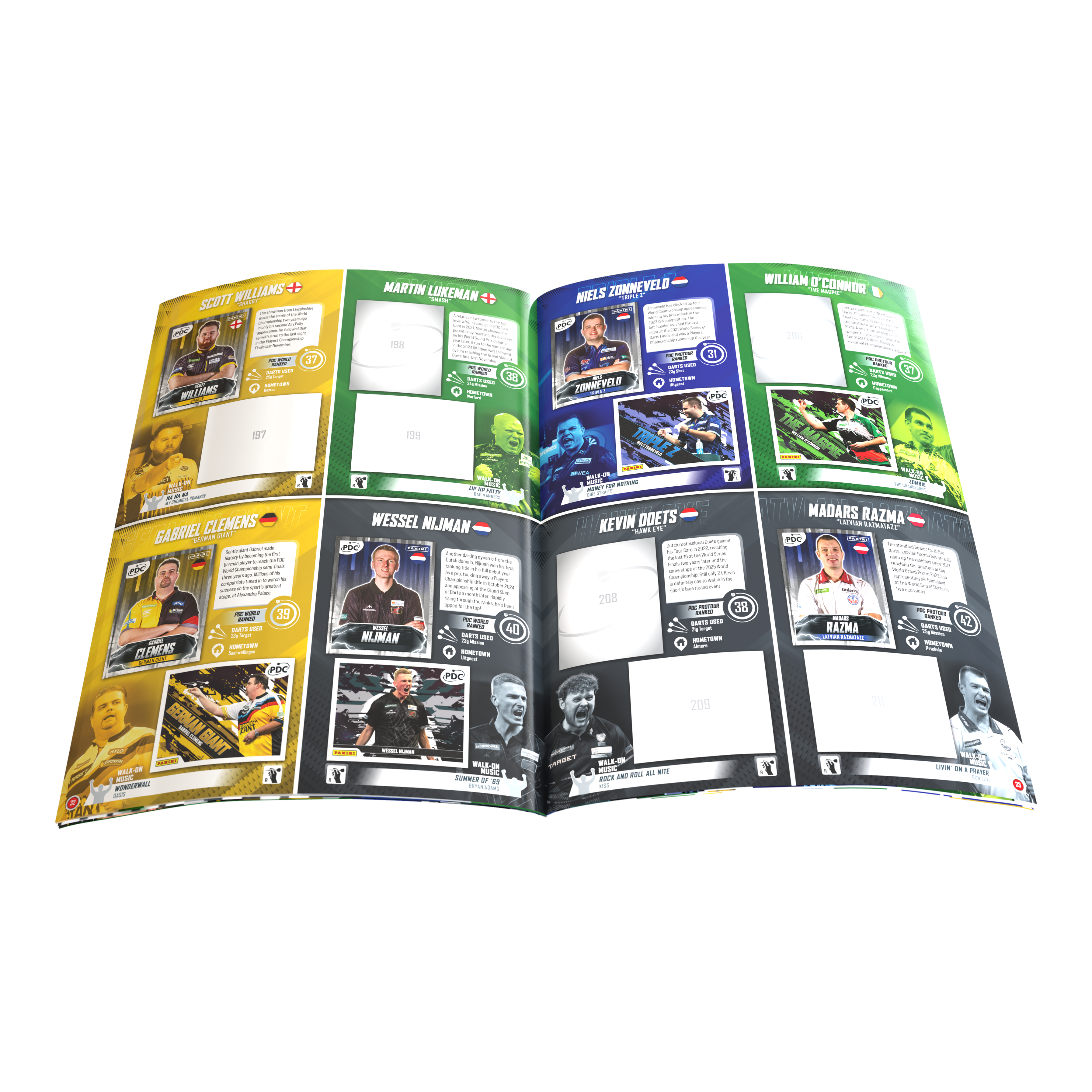 Das Bild zeigt das Panini PDC World Darts Championship 2025/26 - Official Sticker Hardcover Sammelalbum. Es ist ideal zum Sammeln und Aufbewahren von Dart-Stickern.