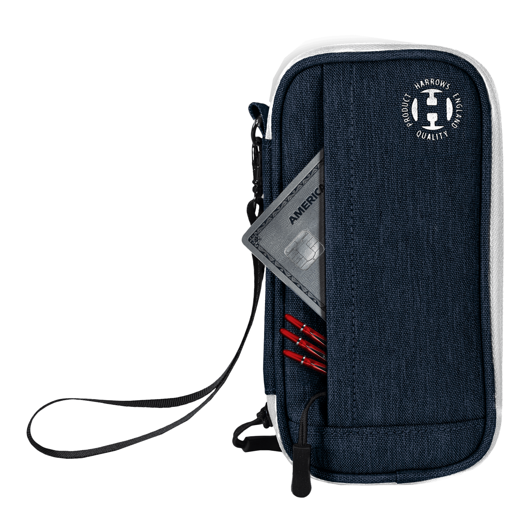 Portafoglio Smart Case Harrows Das Bild zeigt ein blaues Harrows Smart Case Dartetui mit einer Handgelenkschlaufe. In einer Außentasche befinden sich eine Kreditkarte und mehrere rote Dartspitzen.