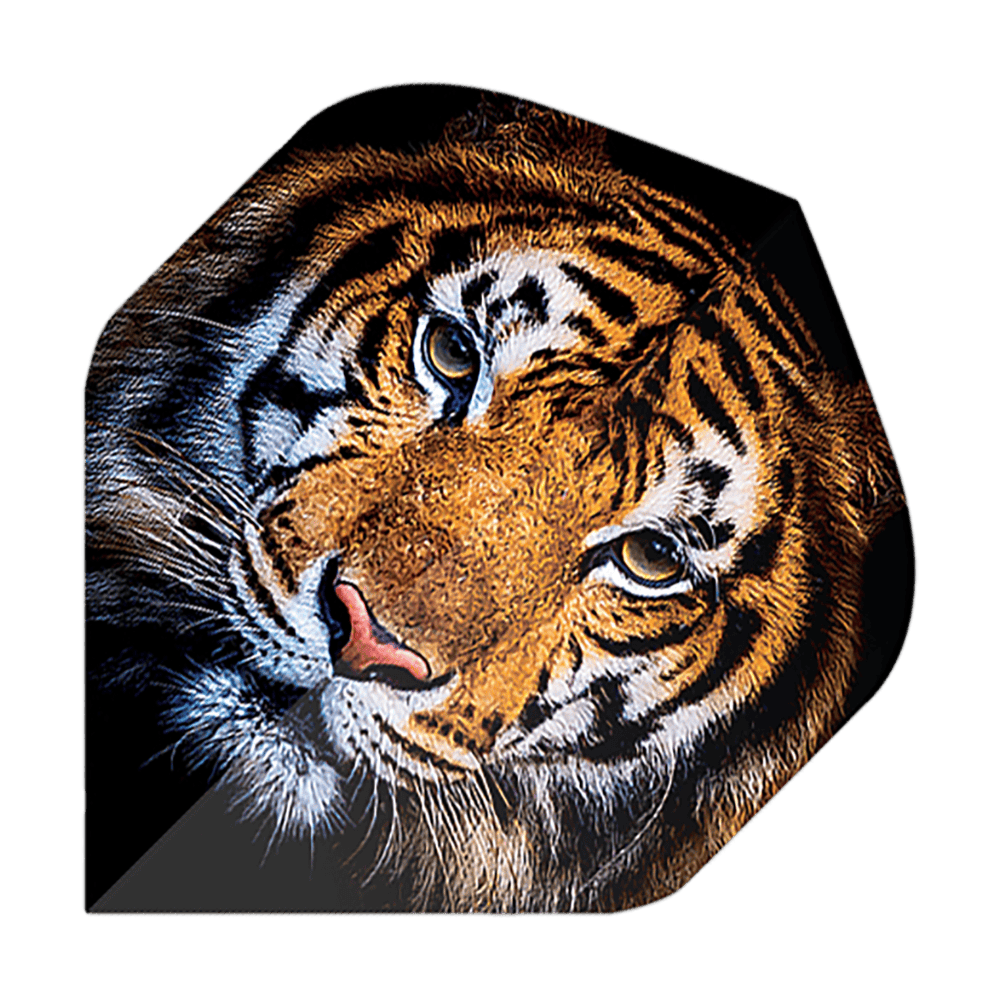 Voli Pentathlon Tiger Das Bild zeigt einen Dartflug mit dem Motiv eines realistisch gezeichneten Tigerkopfes. Es handelt sich um das Produkt "Pentathlon Tiger No2 Standard Flights".