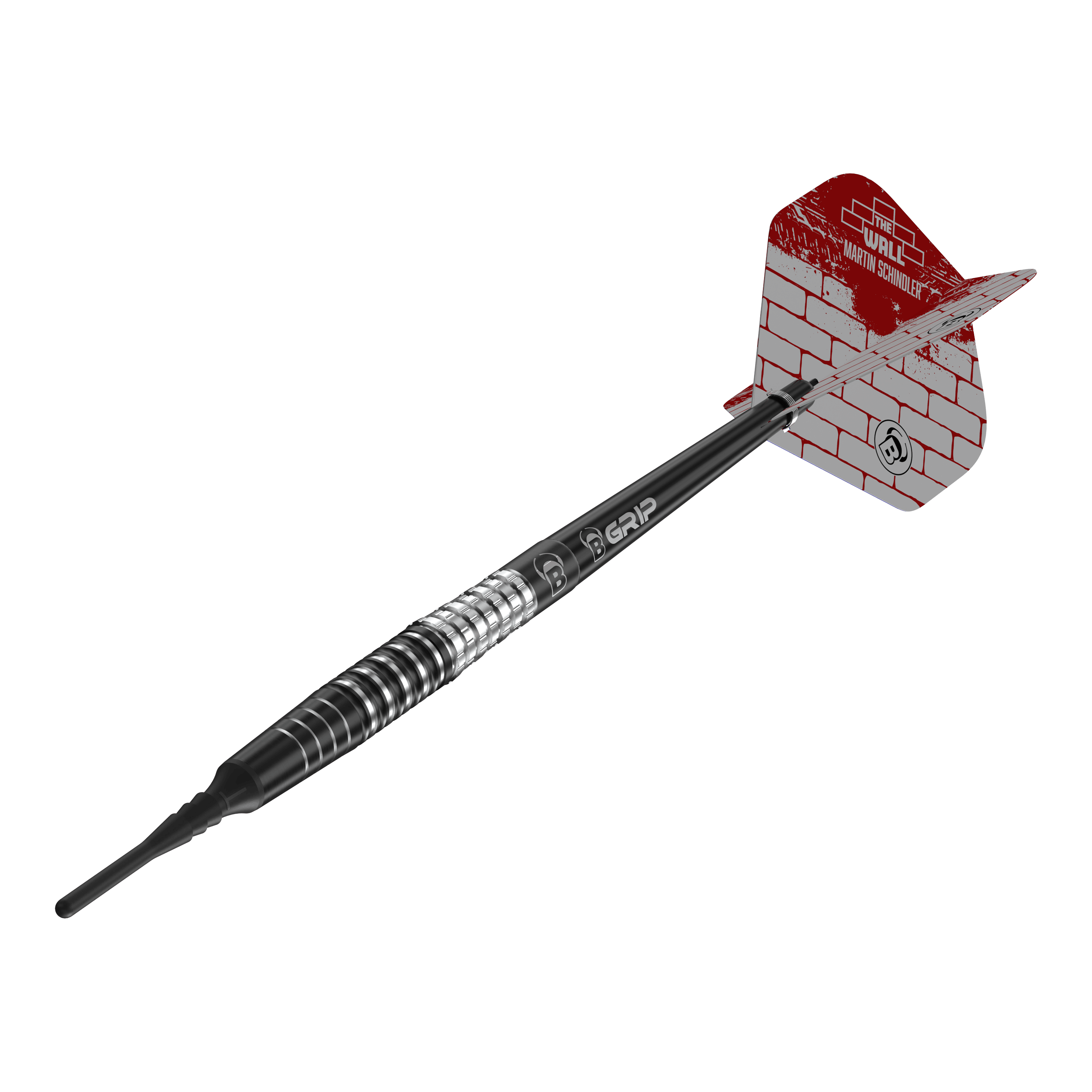 Bulls Martin Schindler Original Generation 3 freccette morbide Das Bild zeigt einen Softdart aus der Serie "Bulls Martin Schindler Original Generation 3". Der Dart hat ein schwarzes und silbernes Barrel sowie eine rot-weiße Flight mit Mauerstein-Design.