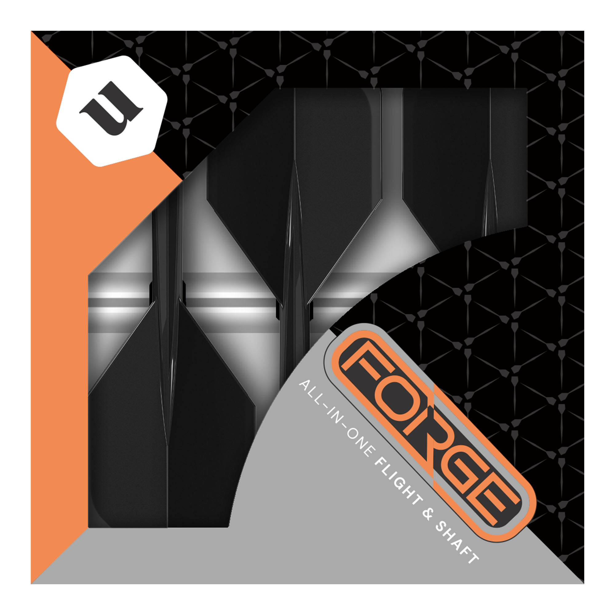 Unicorn Forge All In One Plus No2 Standard Flights Nero - Medio Das Bild zeigt die Verpackung der „Unicorn Forge All In One Plus No2 Standard Flights Schwarz - Medium“. In der Packung sind schwarze Dart-Flights und -Shafts zusammen als Set zu sehen.