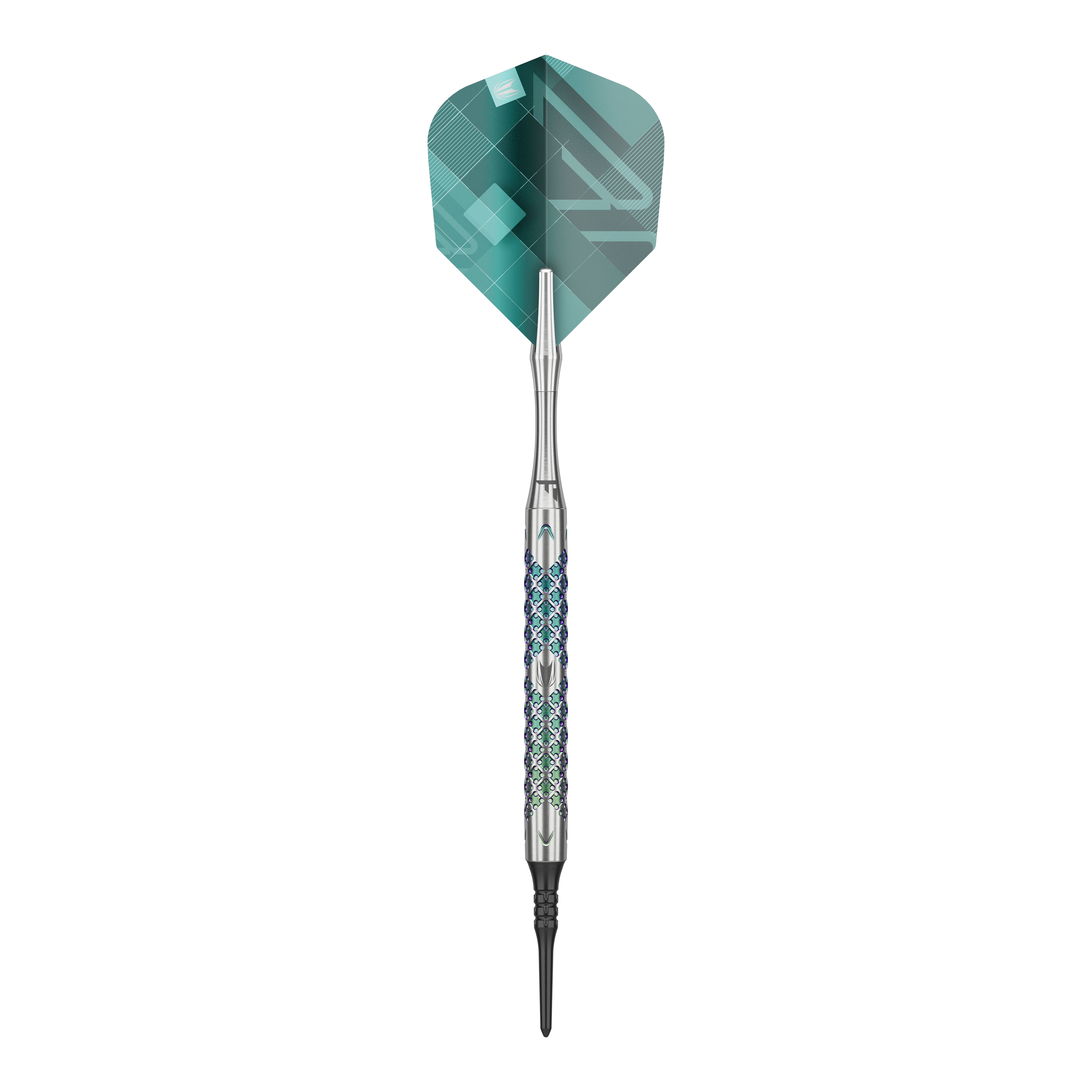 Target Rove 10 freccette morbide Das Bild zeigt einen einzelnen Softdart der Marke Target Rove 10. Der Dart hat ein silbernes Griffstück mit farbigen Akzenten und grüne Flights.
