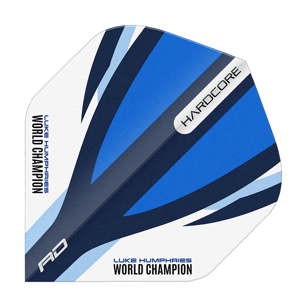 Red Dragon Hardcore Luke Humphries Voli Standard Blu Bianco Das Bild zeigt einen Dart-Flight in den Farben Blau, Weiß und Schwarz mit dem Aufdruck "LUKE HUMPHRIES WORLD CHAMPION". Auf dem Flight stehen außerdem die Wörter "HARDCORE" und "RD".