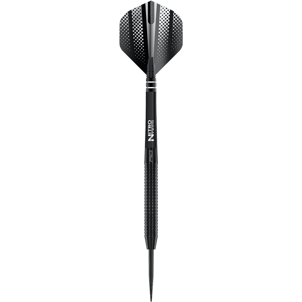 Red Dragon Razor Edge Freccette in acciaio nero Das Bild zeigt einen schwarzen Steeldart mit dem Namen "Red Dragon Razor Edge". Der Dart hat ein modernes Design mit geriffeltem Griff und schwarzer Spitze.