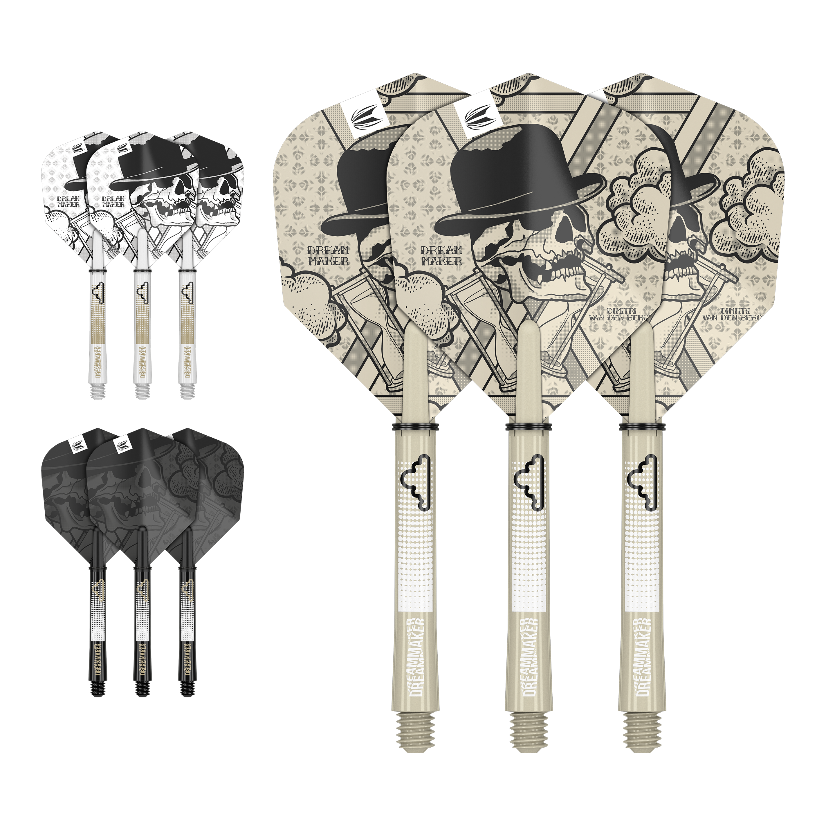 Kit per asta di volo Target Ink Dimitri Van Den Bergh Auf dem Bild sind drei Dartflights mit Schädel- und Hutdesign sowie der Aufschrift "Dream Maker" zu sehen. Zusätzlich gibt es zwei weitere Sätze Flights in verschiedenen Farben, jeweils mit passenden Shafts.