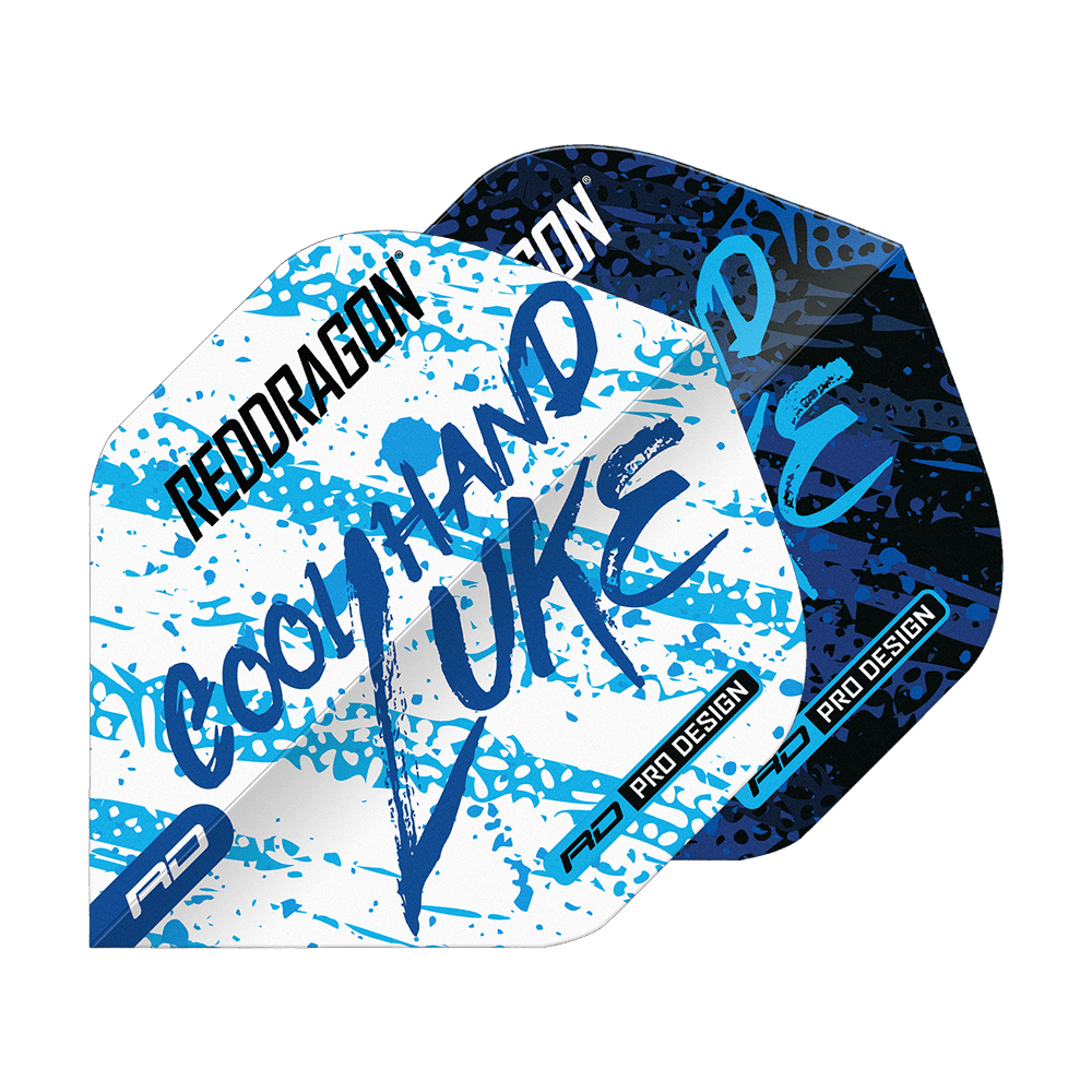 Red Dragon Luke Humphries Campione del mondo Voli standard Blu Bianco Yin Yang Das Bild zeigt die Red Dragon Luke Humphries World Champion Blue White Yin Yang Standard Flights. Die Flights sind in Blau, Weiß und Schwarz mit auffälligem Schriftzug und Farbspritzern gestaltet.