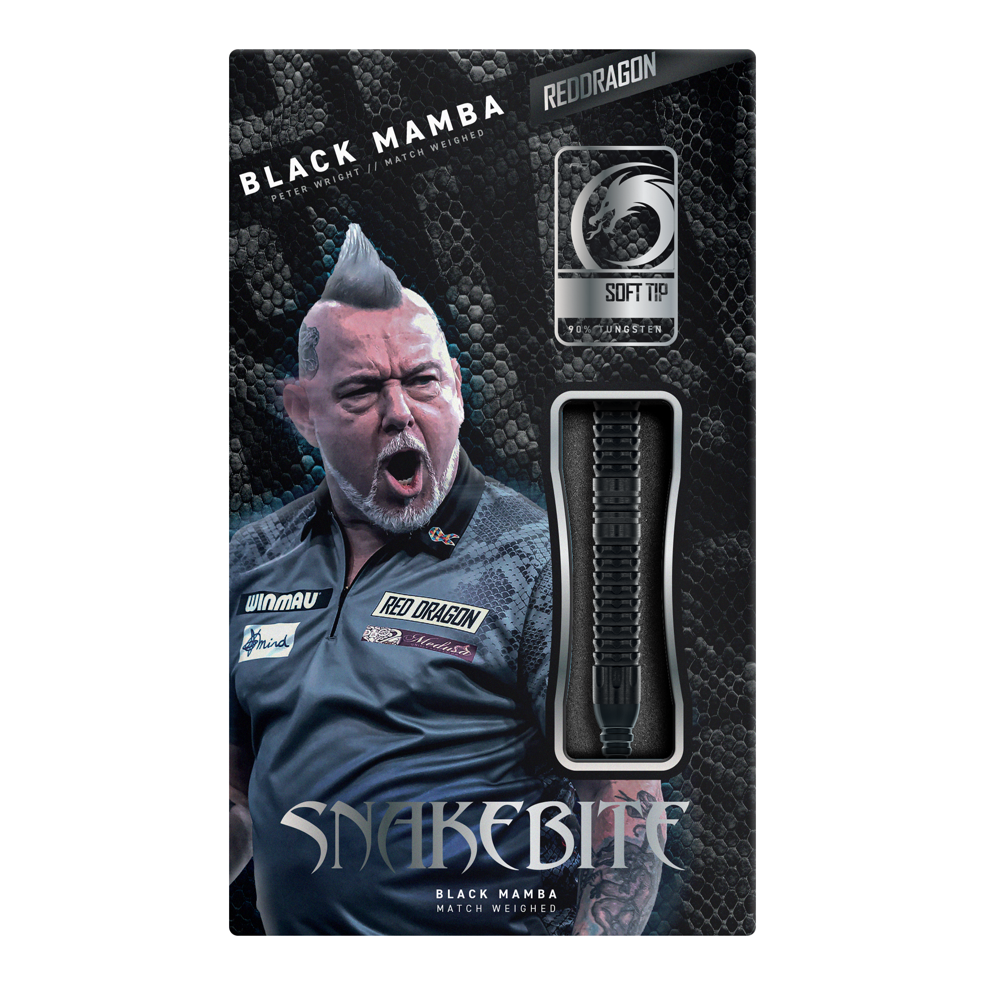 Freccette morbide Red Dragon Peter Wright Snakebite Black Mamba - 20 g Dargestellt ist der Red Dragon Peter Wright Snakebite Black Mamba Softdart mit 20g. Dieser Softdart richtet sich an ambitionierte Spieler und besticht durch hohe Qualität.