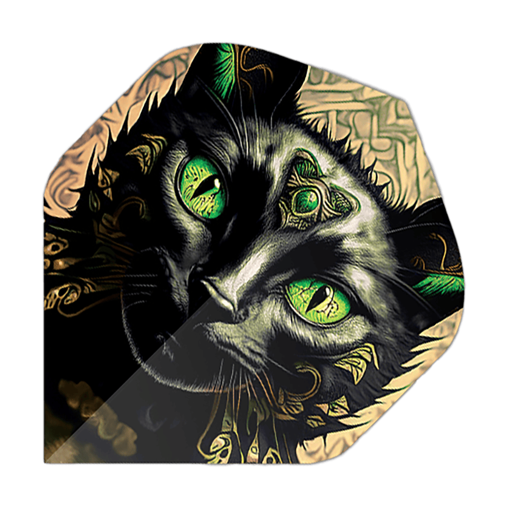 Voli Pentathlon Cat Das Bild zeigt ein Dartflight mit dem Motiv eines schwarzen Katers mit leuchtend grünen Augen. Die Details und Ornamente auf dem Katzenkopf geben dem Flight ein auffälliges, künstlerisches Design.