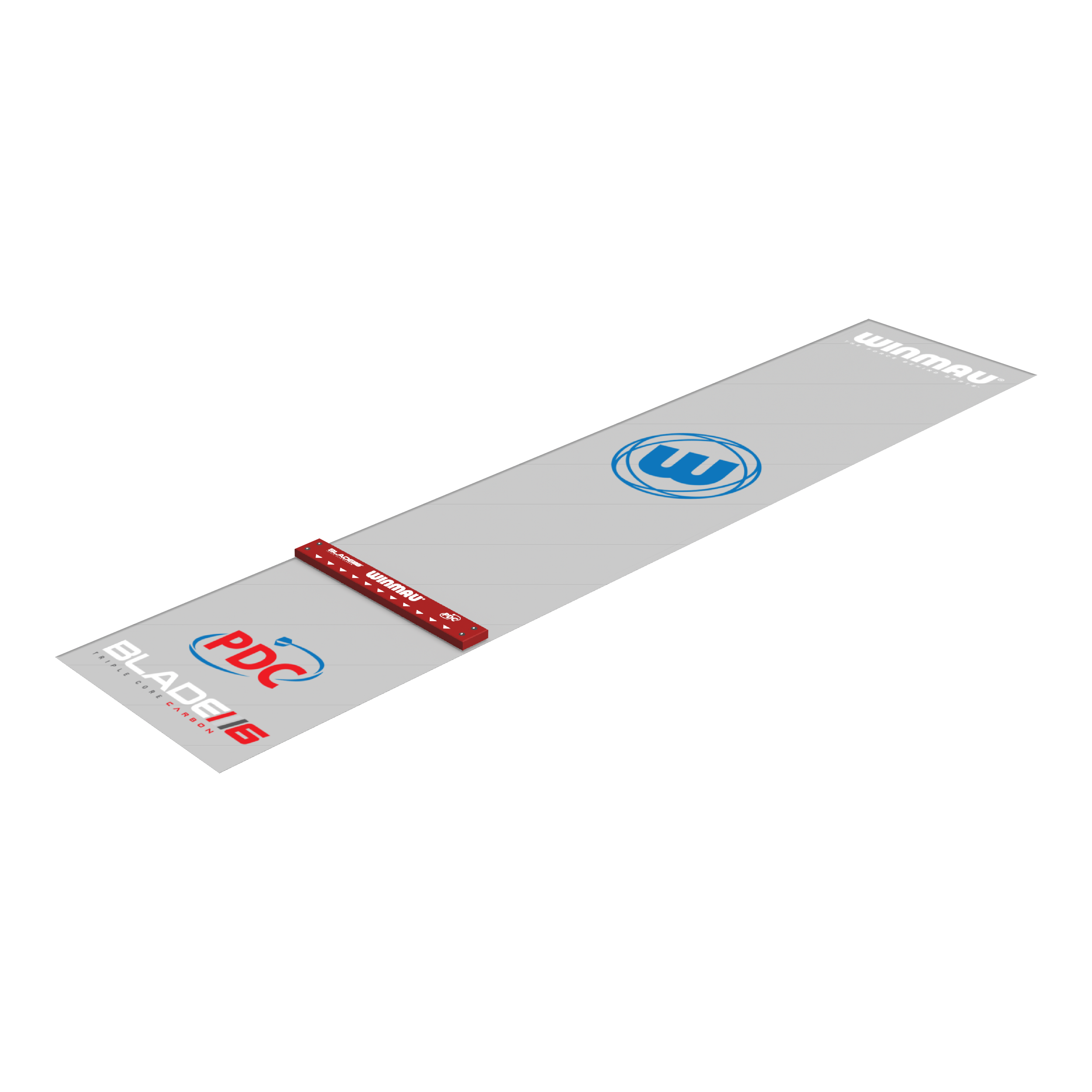 Tappetino per freccette in PVC Winmau Clearzone con oche Das Bild zeigt die Winmau Clearzone PVC Dartmatte mit Oche. Die Matte ist grau mit verschiedenen Logos und hat eine rote Abwurflinie (Oche).