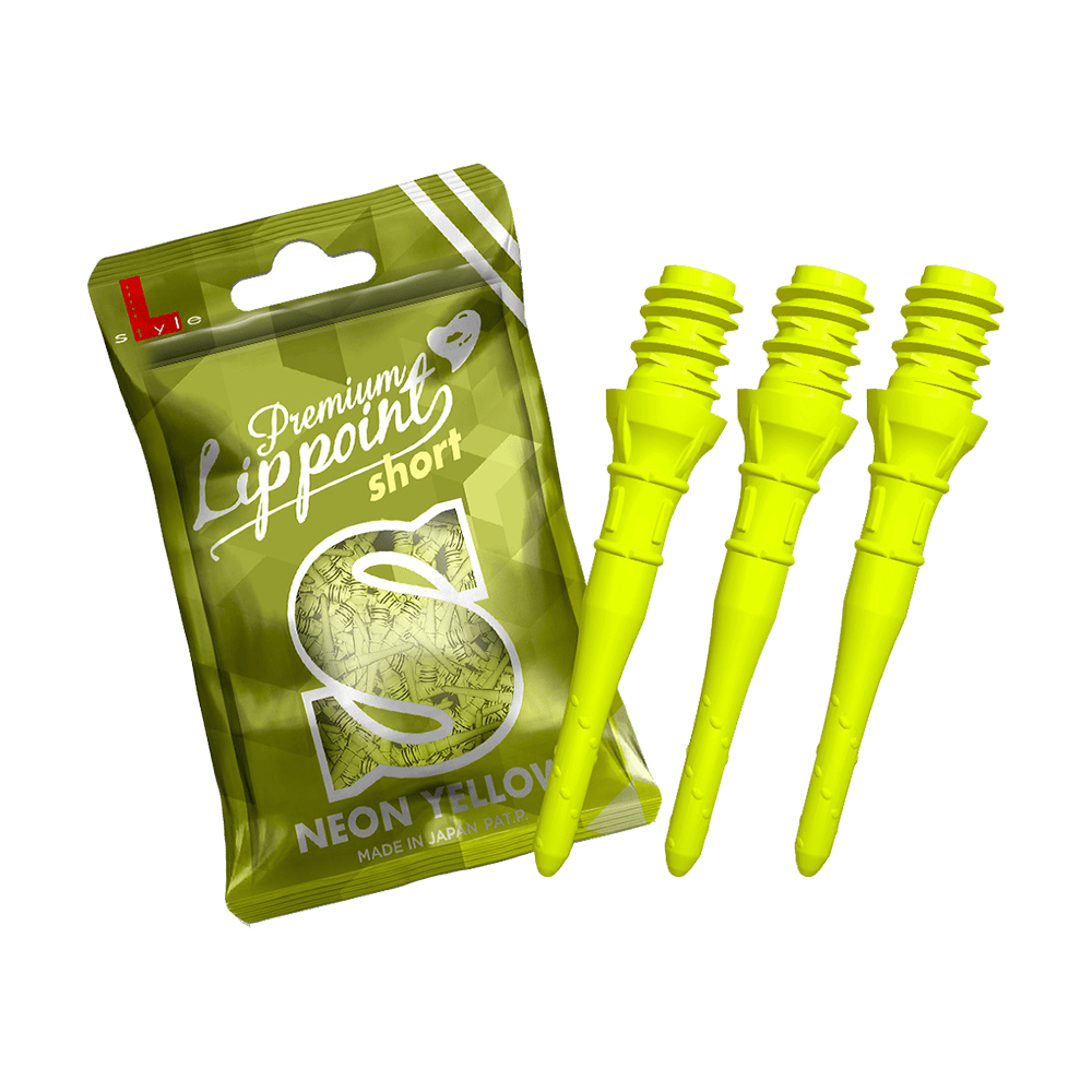 Auf dem Bild ist eine Packung mit "Premium Lipppoint short" in Neon-Gelb zu sehen. Daneben sind drei leuchtend gelbe Dartspitzen abgebildet.