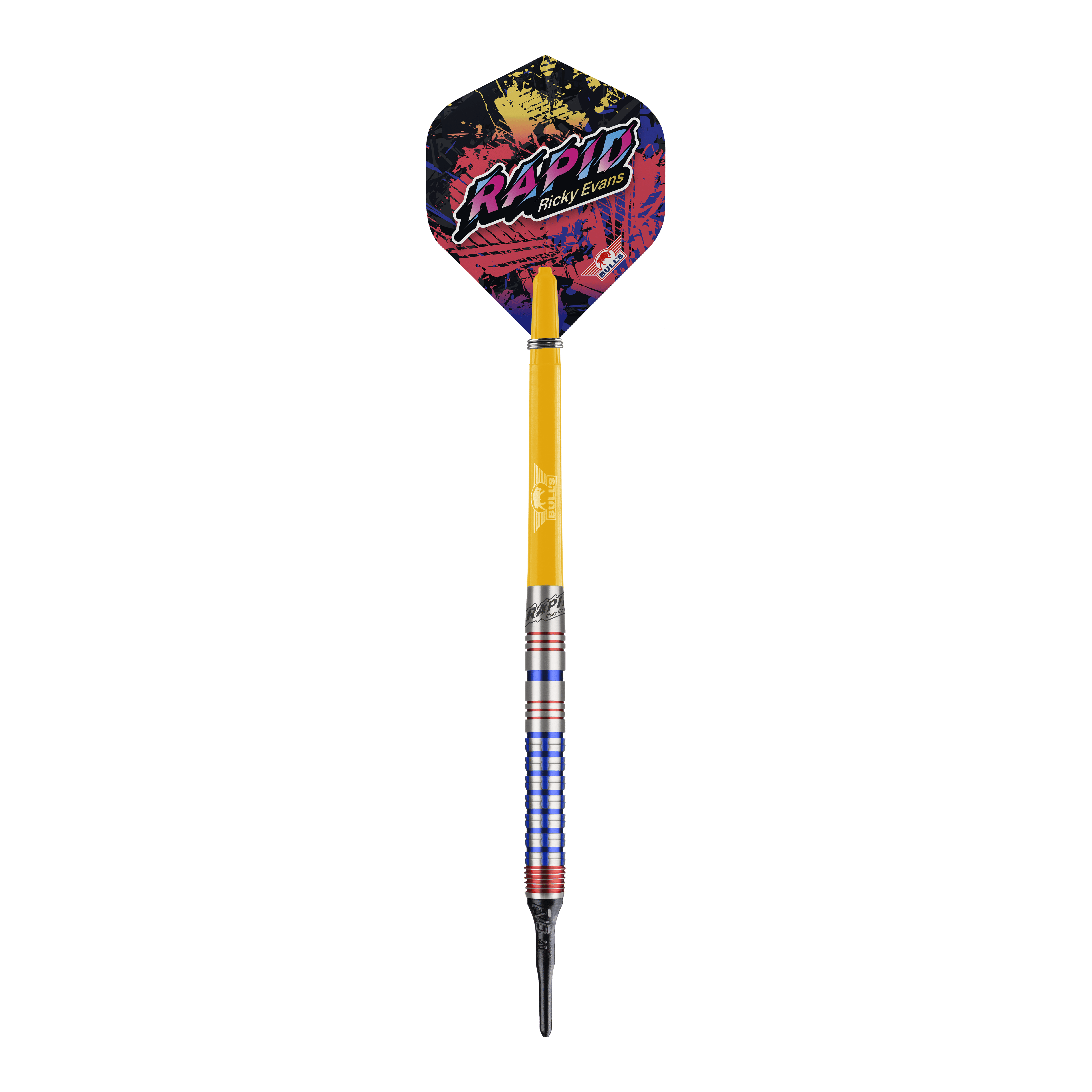 Bulls NL Ricky Evans Rapid Edition One Freccette morbide - 20 g Das Bild zeigt einen Softdart aus der Serie "Bulls NL Ricky Evans Rapid Edition One" mit einem Gewicht von 20 Gramm. Der Dart hat bunte Akzente, einen gelben Schaft und eine auffällige Flights mit dem Schriftzug "RAPID Ricky Evans".