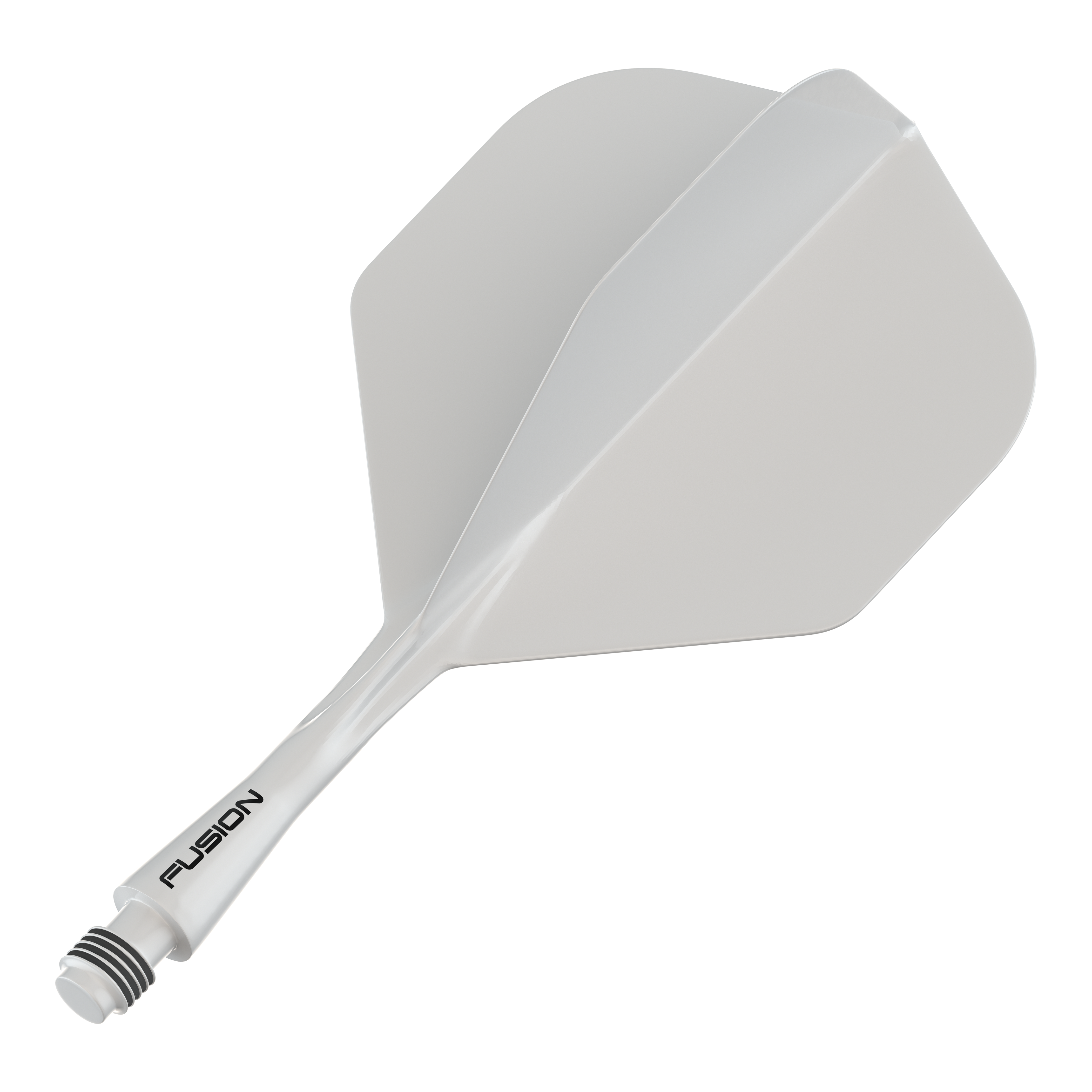 Sistema di alberi di volo Winmau Fusion standard bianco Das Bild zeigt ein weißes Dartflug- und Schaftsystem. Auf dem Schaft ist das Wort "FUSION" zu sehen.