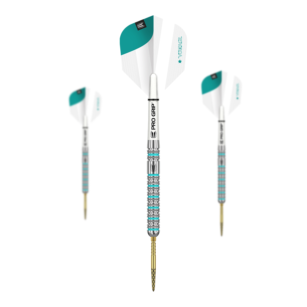 Freccette in acciaio Target Rob Cross GEN2 Swiss Point Das Bild zeigt drei Target Rob Cross GEN2 Swiss Point Steeldarts. Die Darts haben silberne und türkisfarbene Details sowie weiße Flights mit PRO GRIP Schäften.