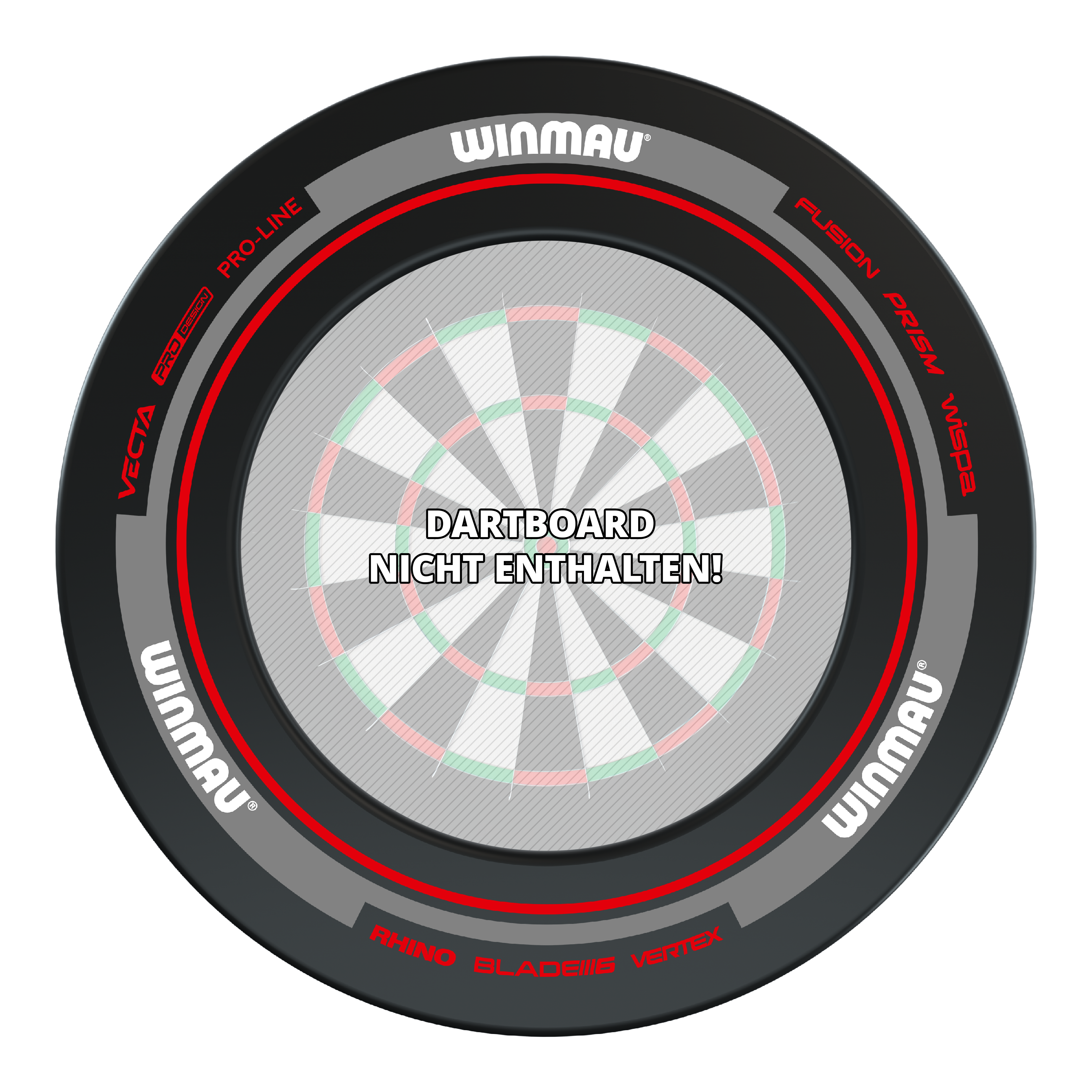 Winmau Advance Dartboard Surround - Nero Rosso Das Bild zeigt das Produkt "Winmau Advance Dartboard Surround" in Schwarz und Rot. In der Mitte steht der Hinweis: "Dartboard nicht enthalten!"