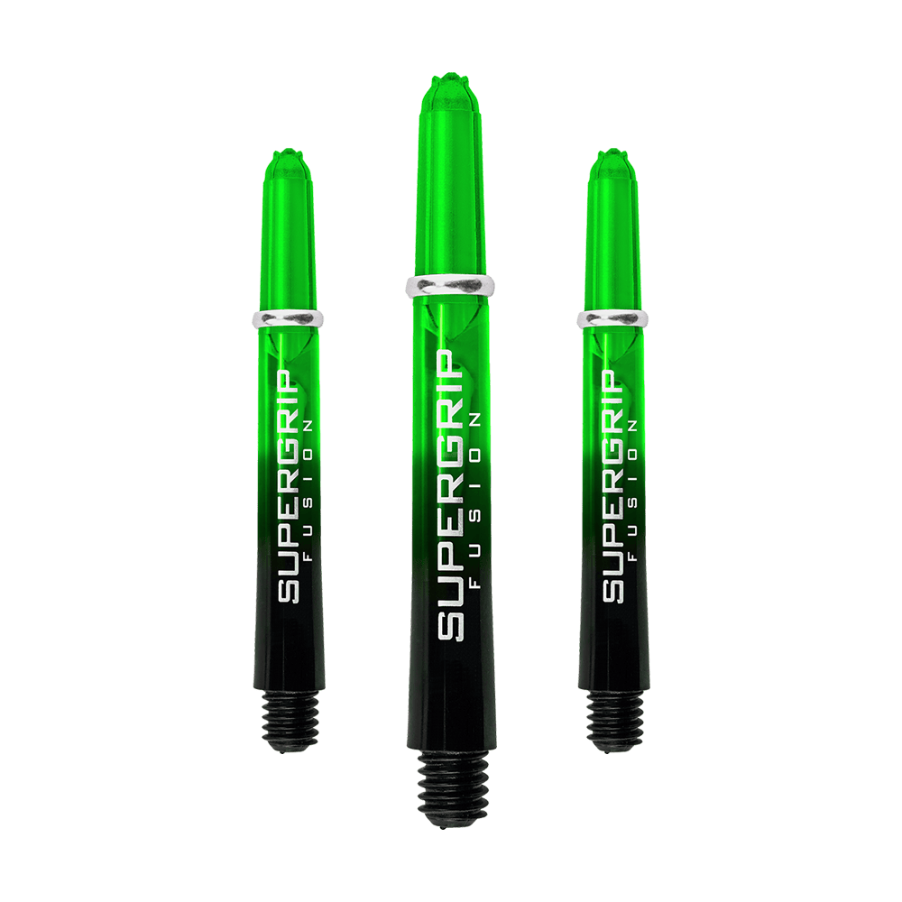 HR340_Harrows_Supergrip_Fusion_Shafts_Gr-n_40mm_16ihaQDlU3fr0w Das Bild zeigt drei grüne Harrows Supergrip Fusion Shafts. Die Shafts sind schwarz und grün mit weißer Aufschrift.