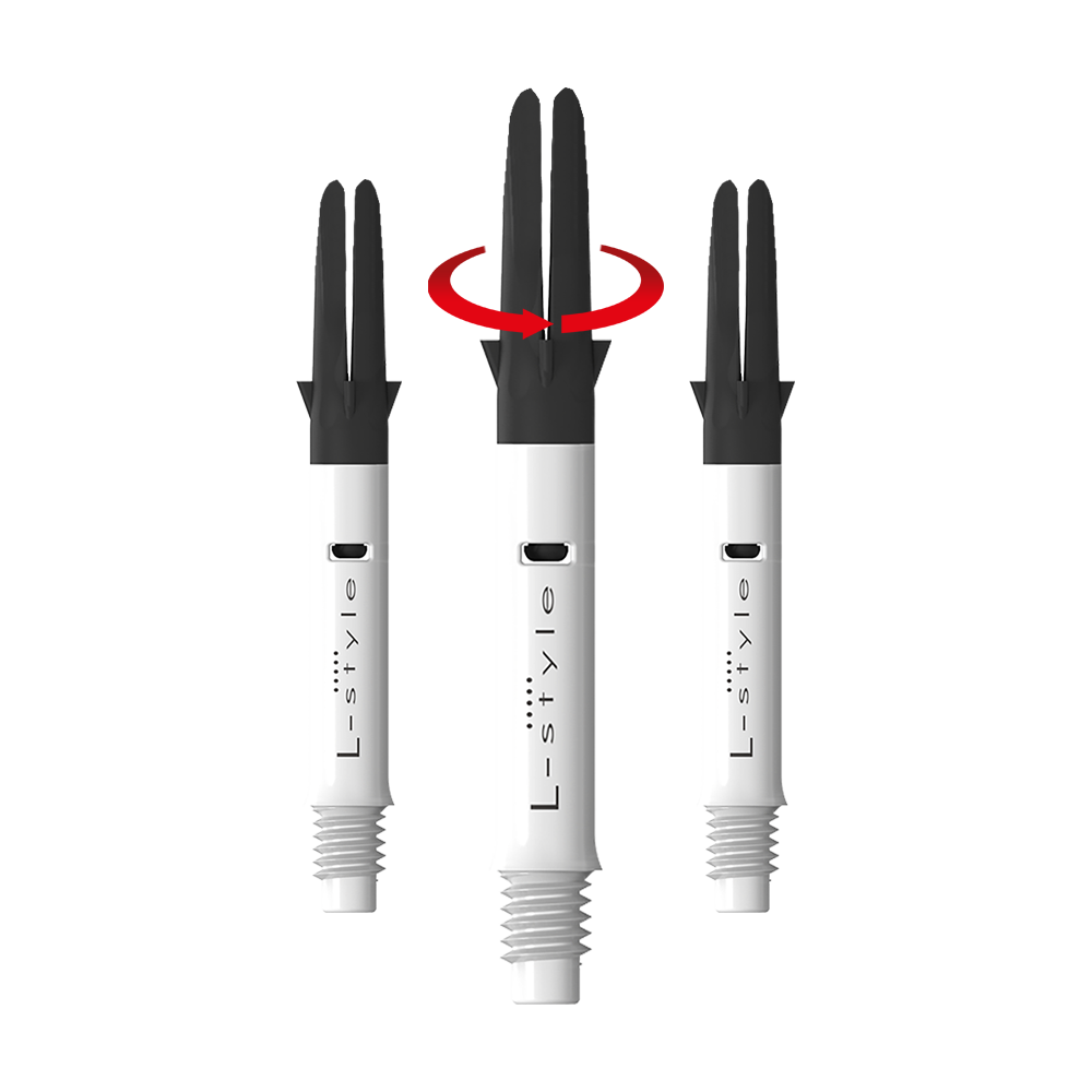 L-L-Style-Shaft Carbon Silent Straight - Bianco Auf dem Bild sind drei weiße L-Style Dartschäfte mit schwarzem oberen Teil zu sehen. In der Mitte zeigt ein roter Pfeil, dass sich der obere Teil des Schafts drehen kann.