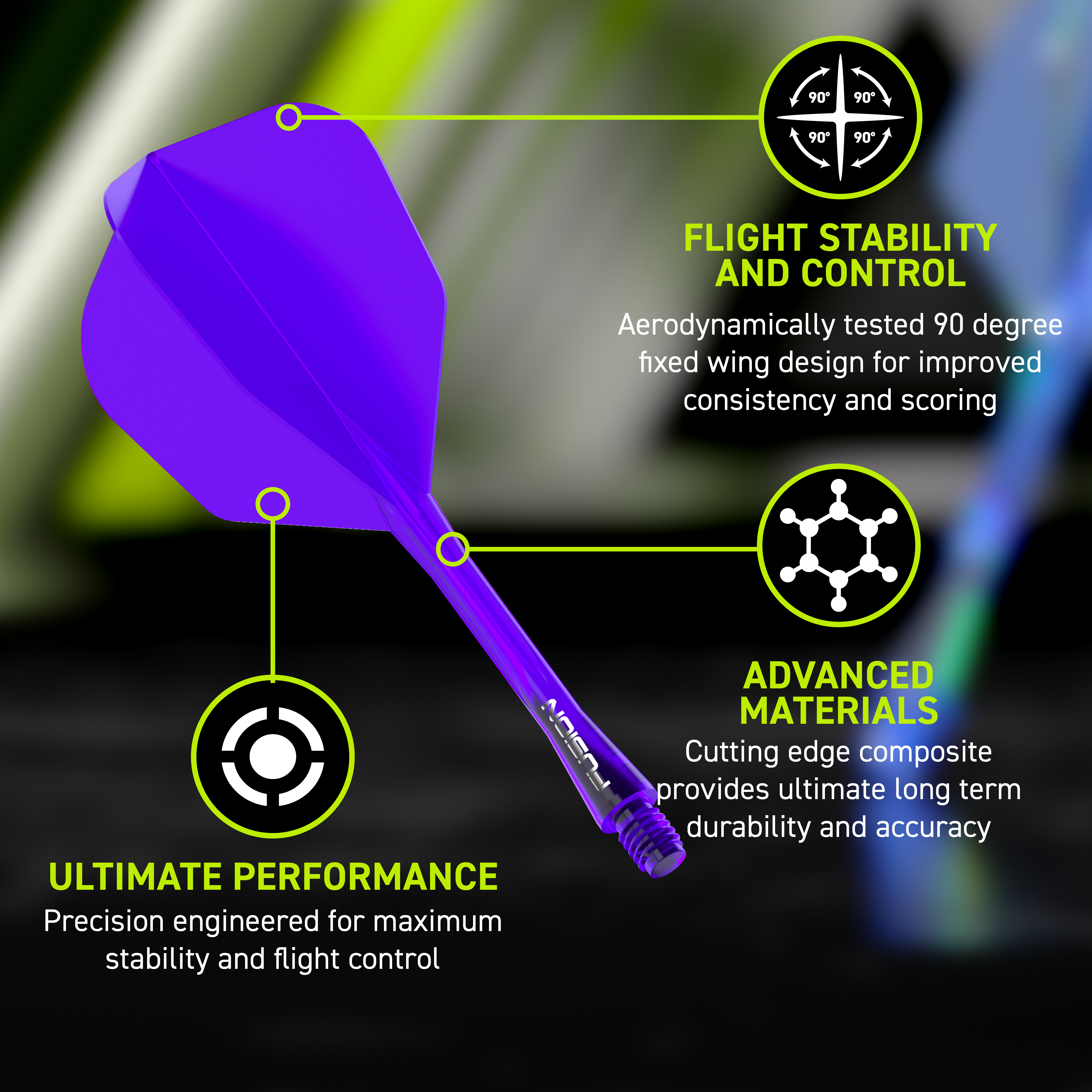 Das Bild zeigt das Winmau Fusion Flight-Shaft-System No6 in Lila. Es verbessert die Flugeigenschaften von Dartpfeilen.
