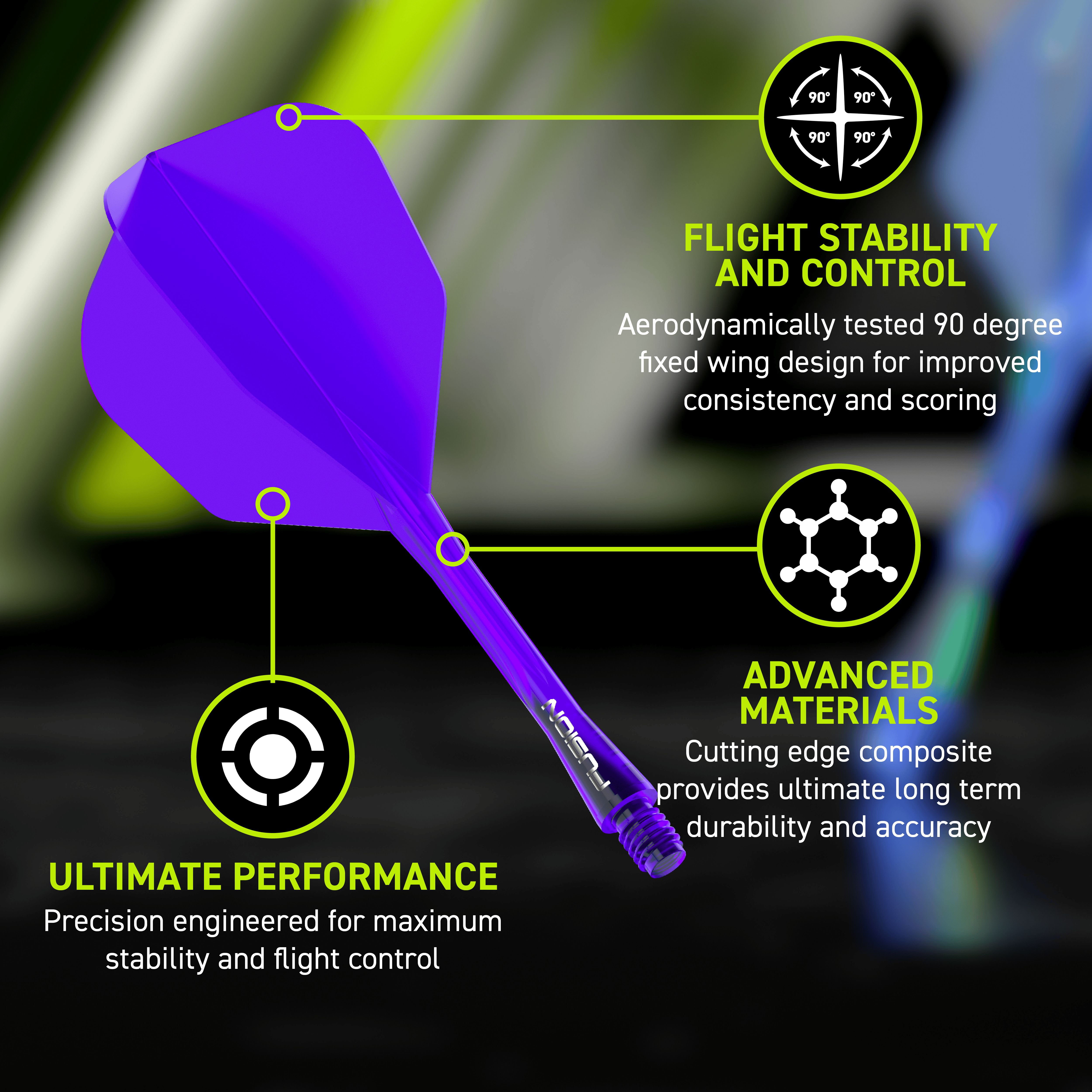 Sistema di alberi di volo a fusione Winmau n. 6 viola Das Bild zeigt das Winmau Fusion Flight-Shaft-System No6 in Lila. Es verbessert die Flugeigenschaften von Dartpfeilen.