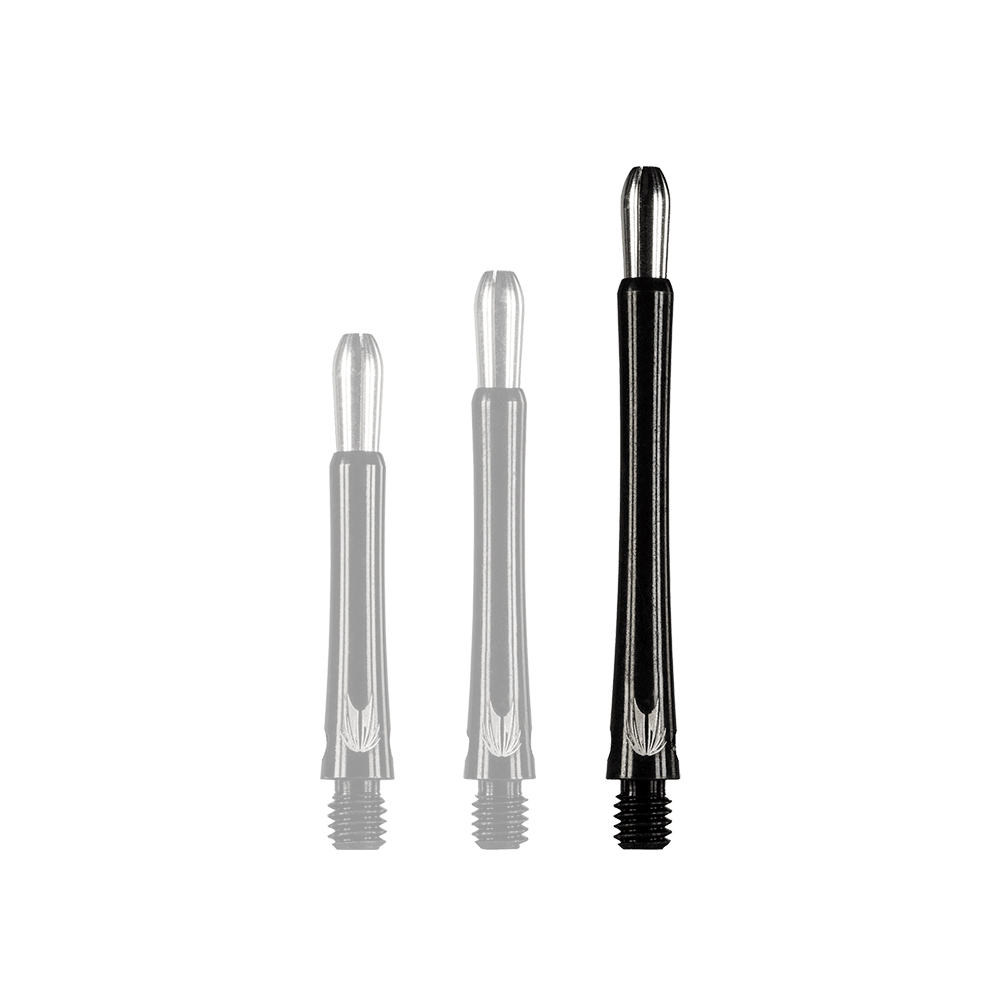 Das Bild zeigt drei schwarze Aluminiumschäfte für Darts in unterschiedlichen Längen. Die Schäfte haben silberne Details an den Enden.