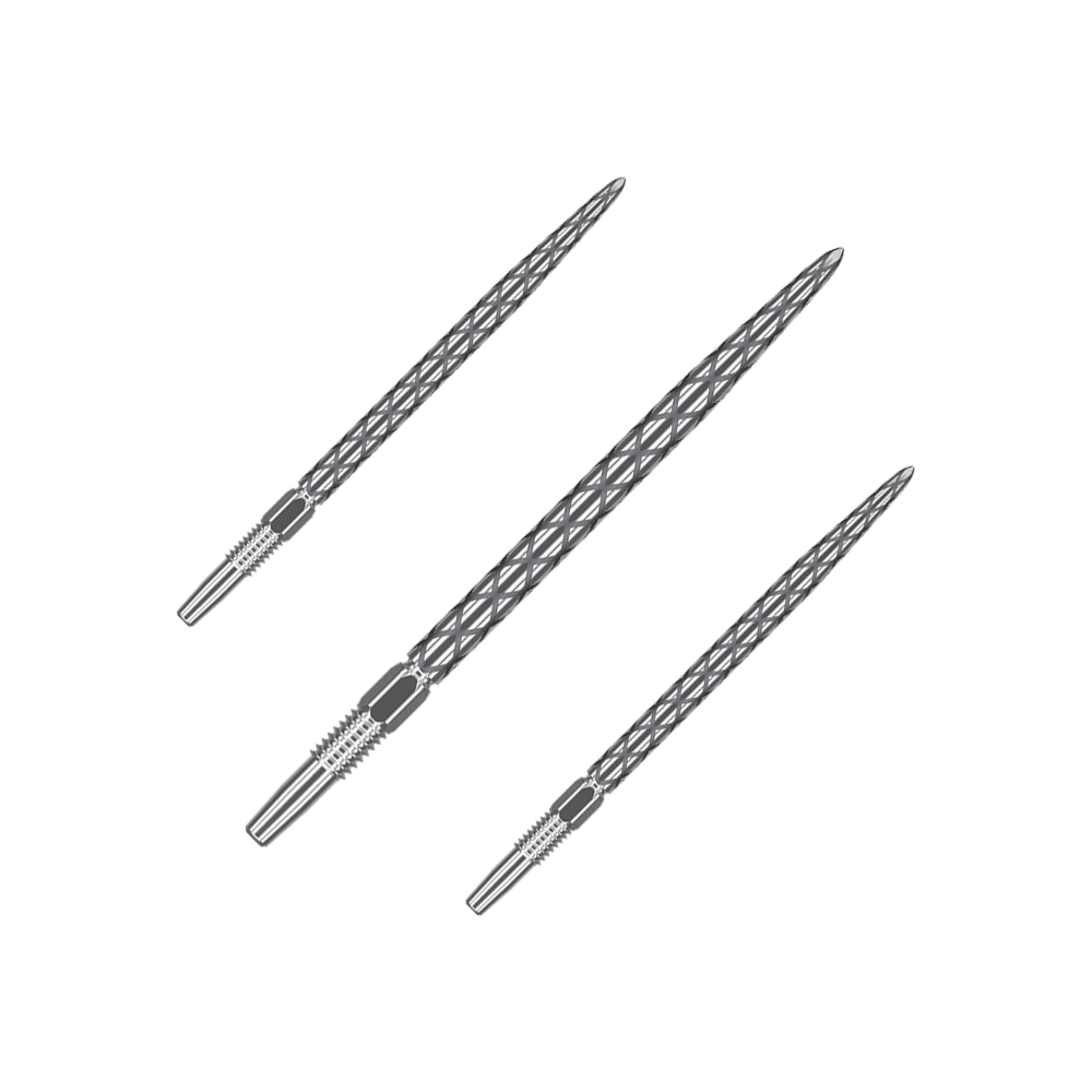 Punte per freccette Target Swiss Diamond Pro Silver Points Das Bild zeigt drei silberne Dartspitzen mit einem Rautenmuster. Sie sind schmal und haben ein detailliertes, strukturiertes Design.