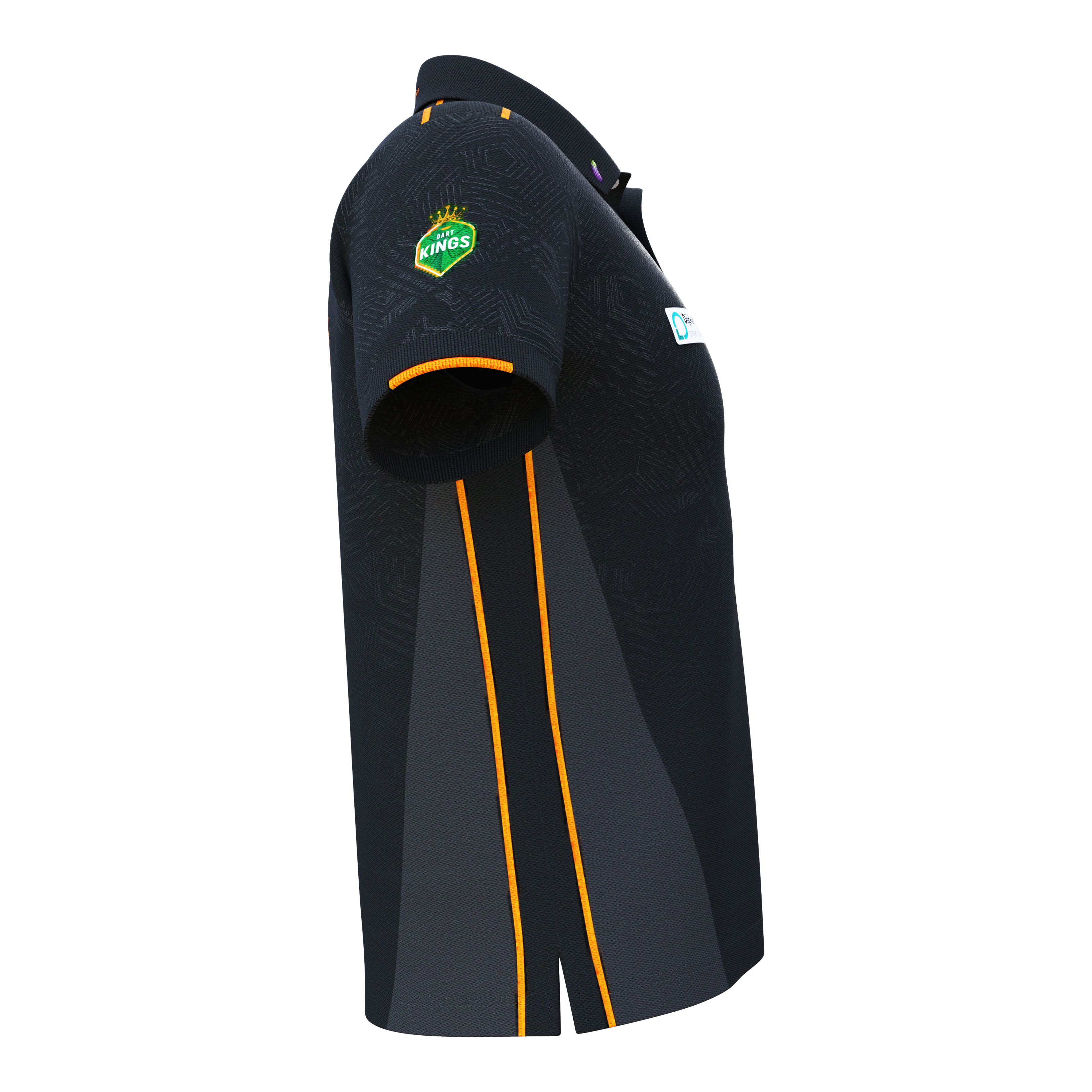 Maglia gara Bulls NL Dirk Van Duijvenbode 2025 Das Bild zeigt das 'Bulls NL Dirk Van Duijvenbode Matchshirt 2025'. Das Shirt ist überwiegend schwarz mit orangefarbenen Streifen und einem Logo auf dem Ärmel.