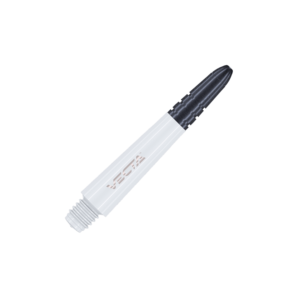 7025-102_Winmau_Vecta_Shafts_Weiss_34mm_2 Abgebildet ist ein weißer Winmau Vecta Shaft. Der Dartschafthalter hat ein schwarzes Ende und die Aufschrift "VECTA".