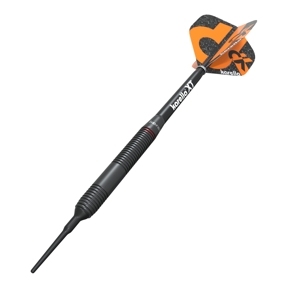 Karella Daniel Klose freccette morbide Auf dem Bild ist der Karella Daniel Klose Softdart zu sehen. Der Dartpfeil hat ein schwarzes Gehäuse mit orangenen Flights und dem Karella-Logo.